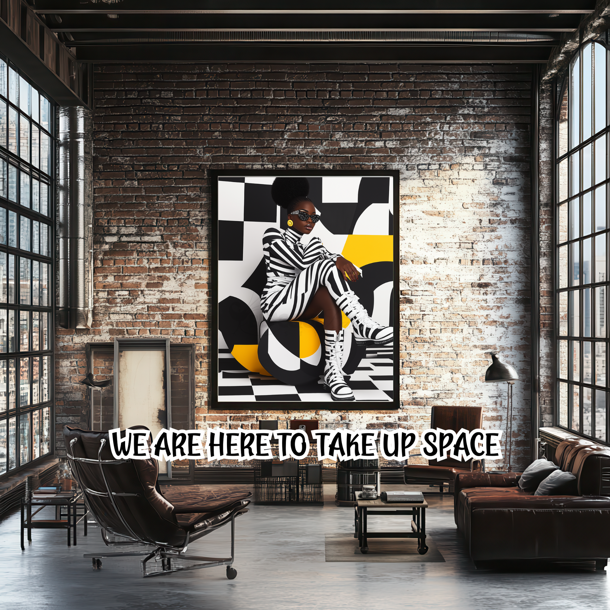 A striking digital portrait of a Black woman adorned in bold geometric patterns, exuding strength and self-acceptance. High-contrast black-and-white Afrocentric artwork symbolizing power, resilience, and unapologetic beauty. A statement piece for modern decor.