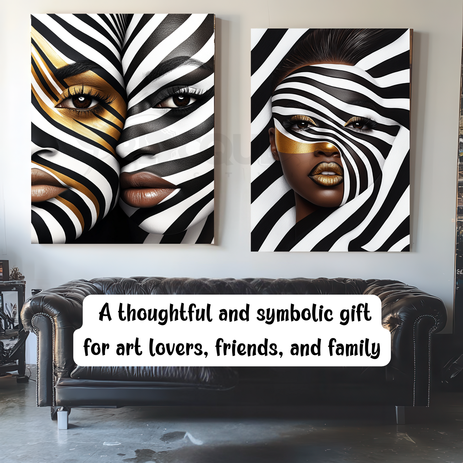 This digital artwork, titled Strength in Black & White Stripe, features a bold and abstract portrait of an African American woman. Her face is elegantly defined by high-contrast black and white tones, with striking gold accents adding depth and sophistication. The artwork is a fusion of modern and Afrocentric styles, using expressive lines and abstract patterns to symbolize strength, resilience, and cultural pride. The composition is powerful, making a statement about beauty, identity, and encouragement.