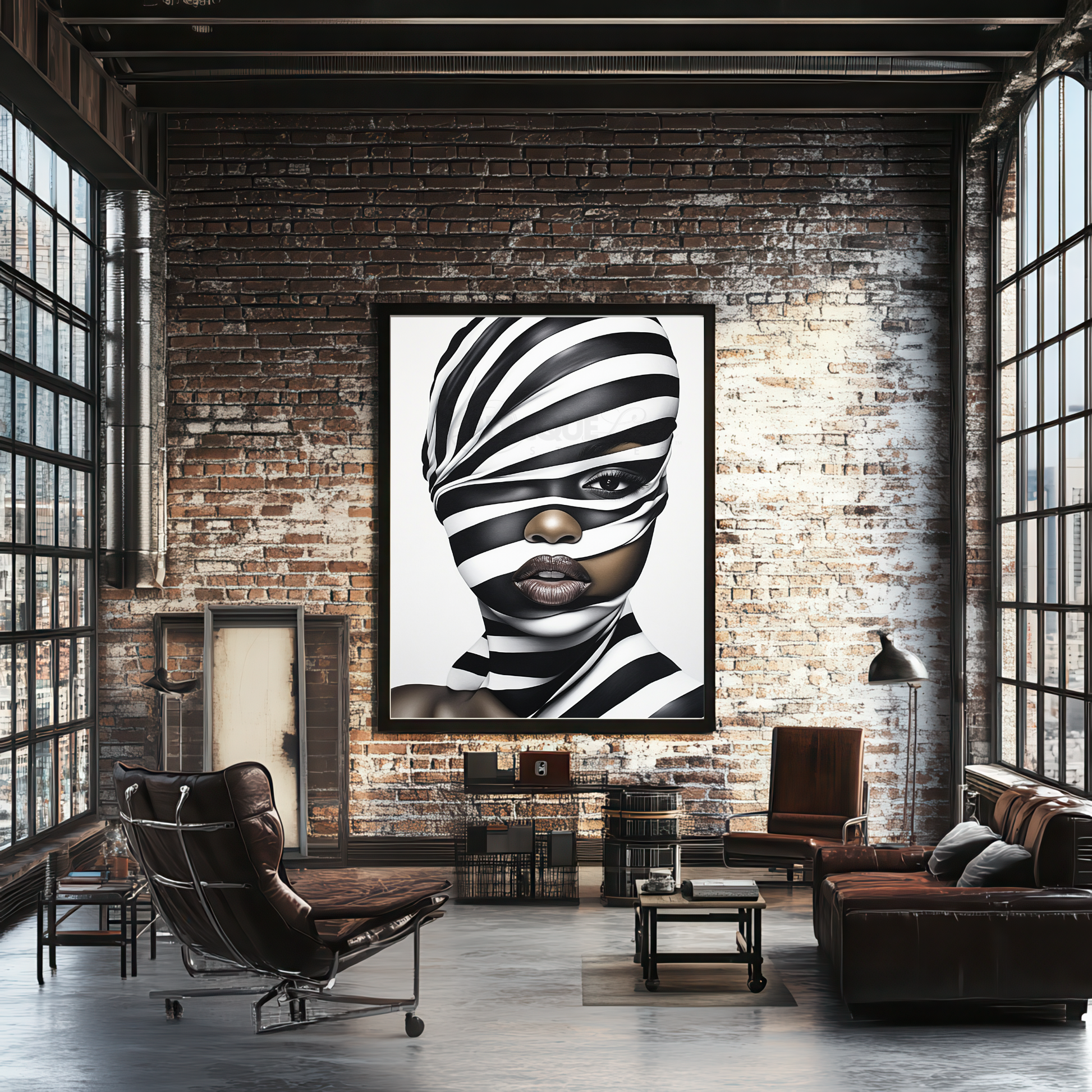 This digital artwork, titled Strength in Black & White Stripe, features a bold and abstract portrait of an African American woman. Her face is elegantly defined by high-contrast black and white tones, with striking gold accents adding depth and sophistication. The artwork is a fusion of modern and Afrocentric styles, using expressive lines and abstract patterns to symbolize strength, resilience, and cultural pride. The composition is powerful, making a statement about beauty, identity, and encouragement.