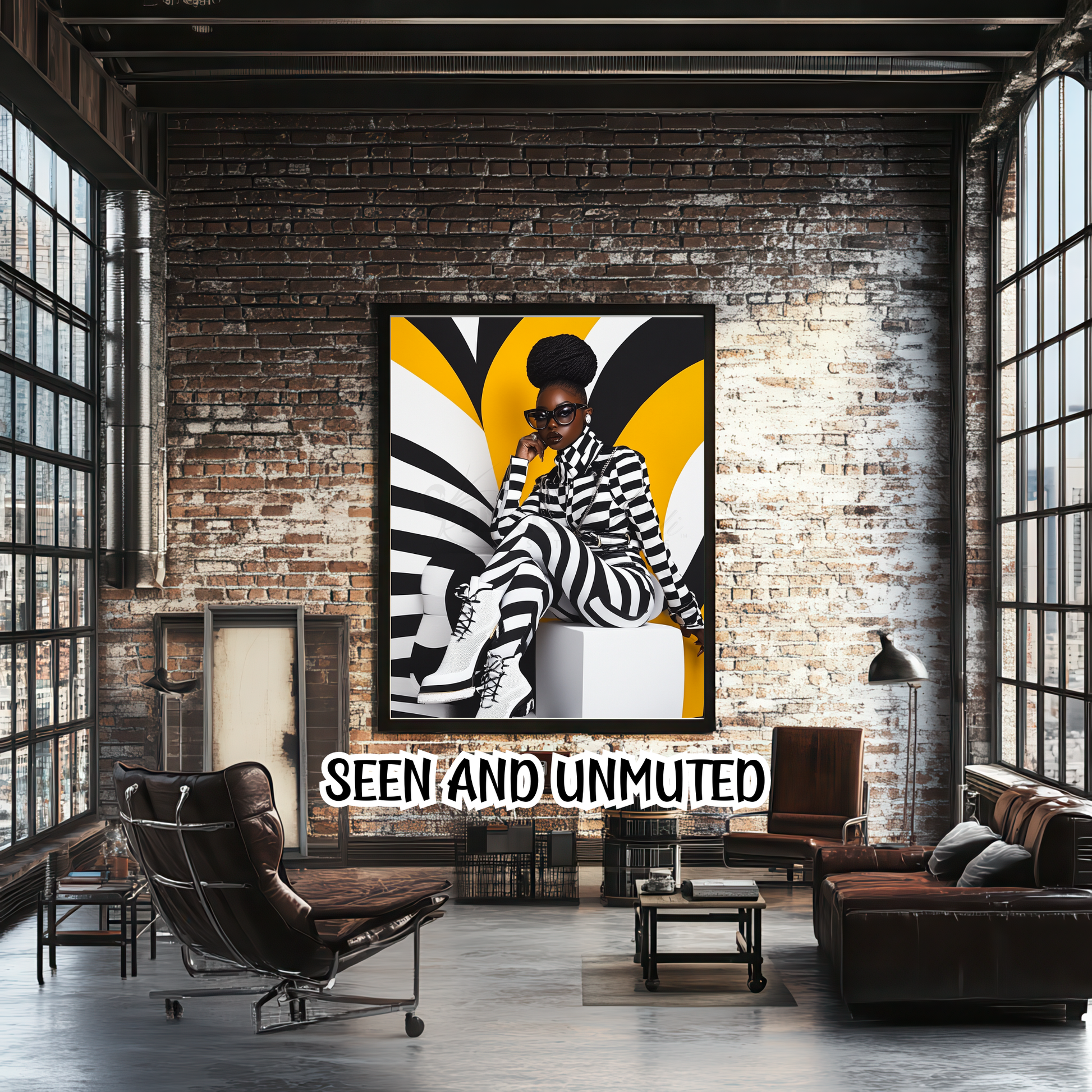 A striking digital portrait of a Black woman adorned in bold geometric patterns, exuding strength and self-acceptance. High-contrast black-and-white Afrocentric artwork symbolizing power, resilience, and unapologetic beauty. A statement piece for modern decor.