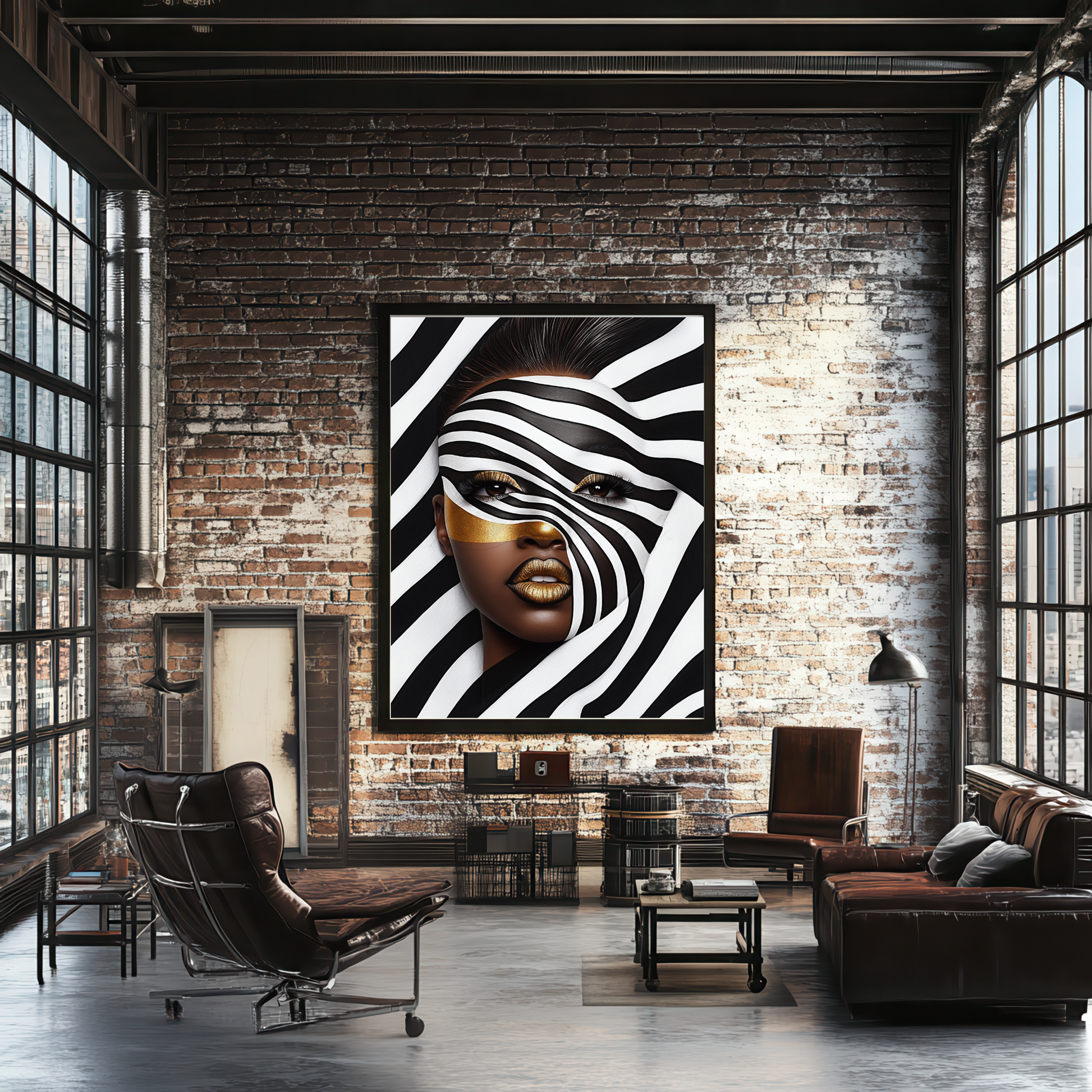 This digital artwork, titled Strength in Black & White Stripe, features a bold and abstract portrait of an African American woman. Her face is elegantly defined by high-contrast black and white tones, with striking gold accents adding depth and sophistication. The artwork is a fusion of modern and Afrocentric styles, using expressive lines and abstract patterns to symbolize strength, resilience, and cultural pride. The composition is powerful, making a statement about beauty, identity, and encouragement.