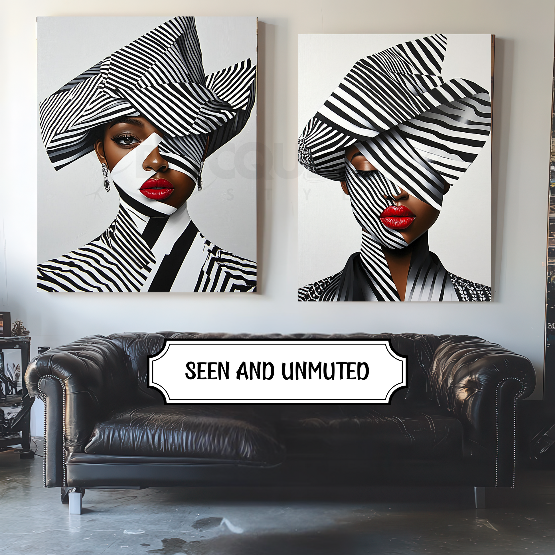 A striking digital portrait of a Black woman adorned in bold geometric patterns, exuding strength and self-acceptance. High-contrast black-and-white Afrocentric artwork symbolizing power, resilience, and unapologetic beauty. A statement piece for modern decor.