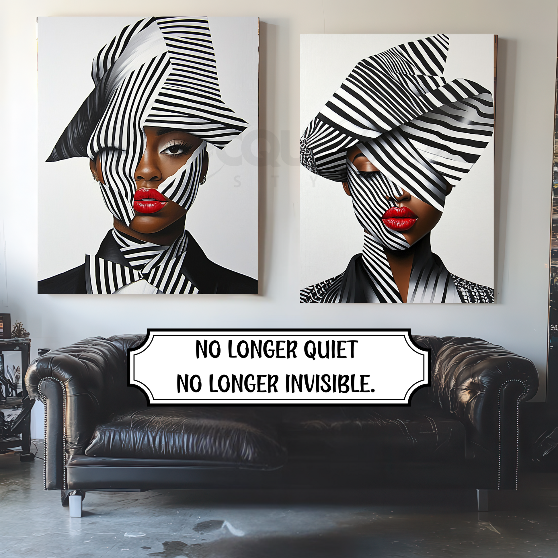 A striking digital portrait of a Black woman adorned in bold geometric patterns, exuding strength and self-acceptance. High-contrast black-and-white Afrocentric artwork symbolizing power, resilience, and unapologetic beauty. A statement piece for modern decor.