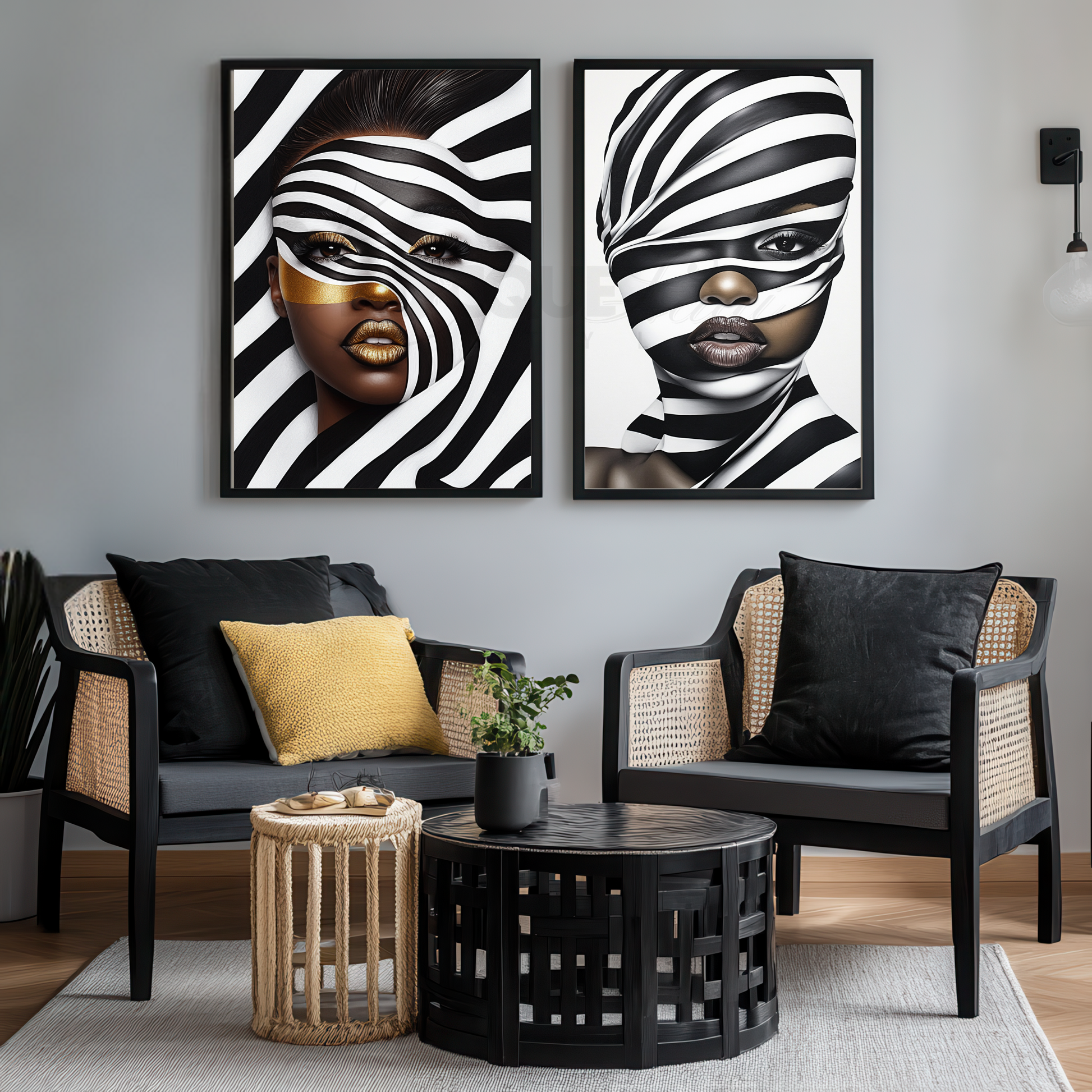 This digital artwork, titled Strength in Black & White Stripe, features a bold and abstract portrait of an African American woman. Her face is elegantly defined by high-contrast black and white tones, with striking gold accents adding depth and sophistication. The artwork is a fusion of modern and Afrocentric styles, using expressive lines and abstract patterns to symbolize strength, resilience, and cultural pride. The composition is powerful, making a statement about beauty, identity, and encouragement.
