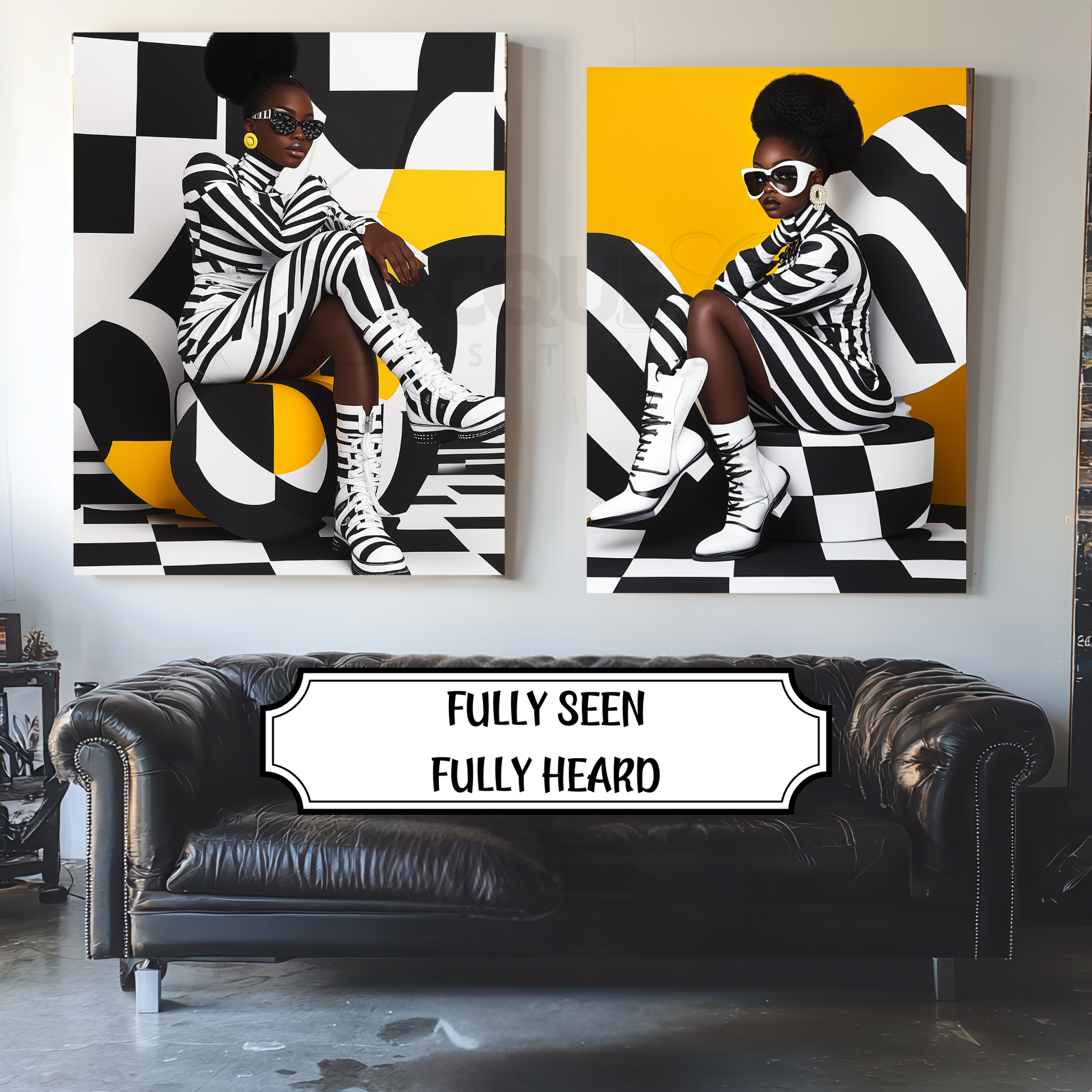 A striking digital portrait of a Black woman adorned in bold geometric patterns, exuding strength and self-acceptance. High-contrast black-and-white Afrocentric artwork symbolizing power, resilience, and unapologetic beauty. A statement piece for modern decor.