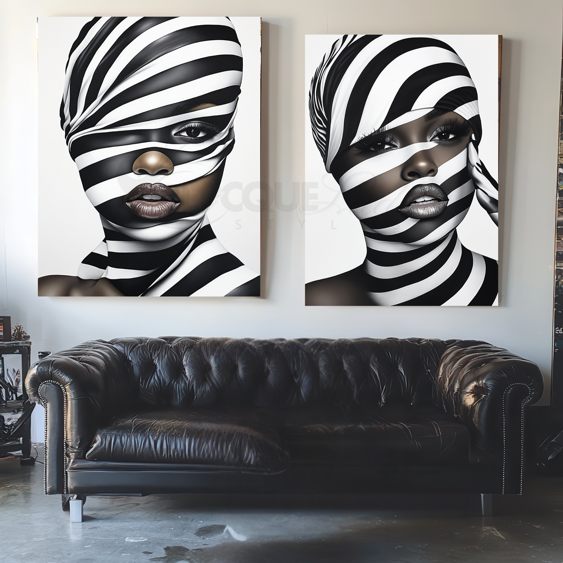 This digital artwork, titled Strength in Black & White Stripe, features a bold and abstract portrait of an African American woman. Her face is elegantly defined by high-contrast black and white tones, with striking gold accents adding depth and sophistication. The artwork is a fusion of modern and Afrocentric styles, using expressive lines and abstract patterns to symbolize strength, resilience, and cultural pride. The composition is powerful, making a statement about beauty, identity, and encouragement.