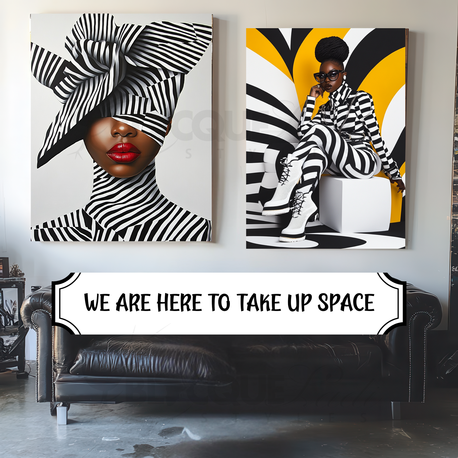A striking digital portrait of a Black woman adorned in bold geometric patterns, exuding strength and self-acceptance. High-contrast black-and-white Afrocentric artwork symbolizing power, resilience, and unapologetic beauty. A statement piece for modern decor.