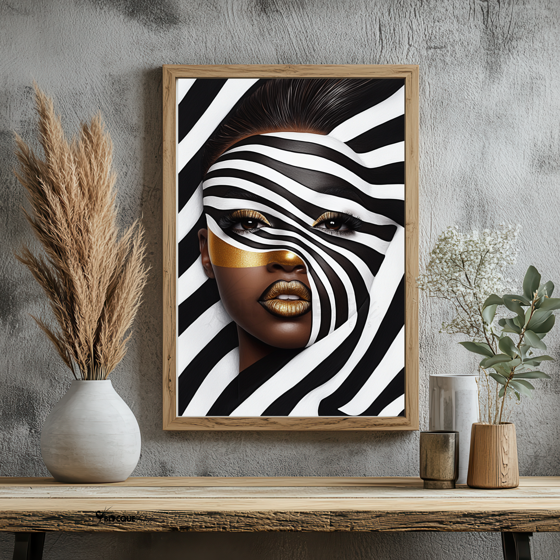 This digital artwork, titled Strength in Black & White Stripe, features a bold and abstract portrait of an African American woman. Her face is elegantly defined by high-contrast black and white tones, with striking gold accents adding depth and sophistication. The artwork is a fusion of modern and Afrocentric styles, using expressive lines and abstract patterns to symbolize strength, resilience, and cultural pride. The composition is powerful, making a statement about beauty, identity, and encouragement.