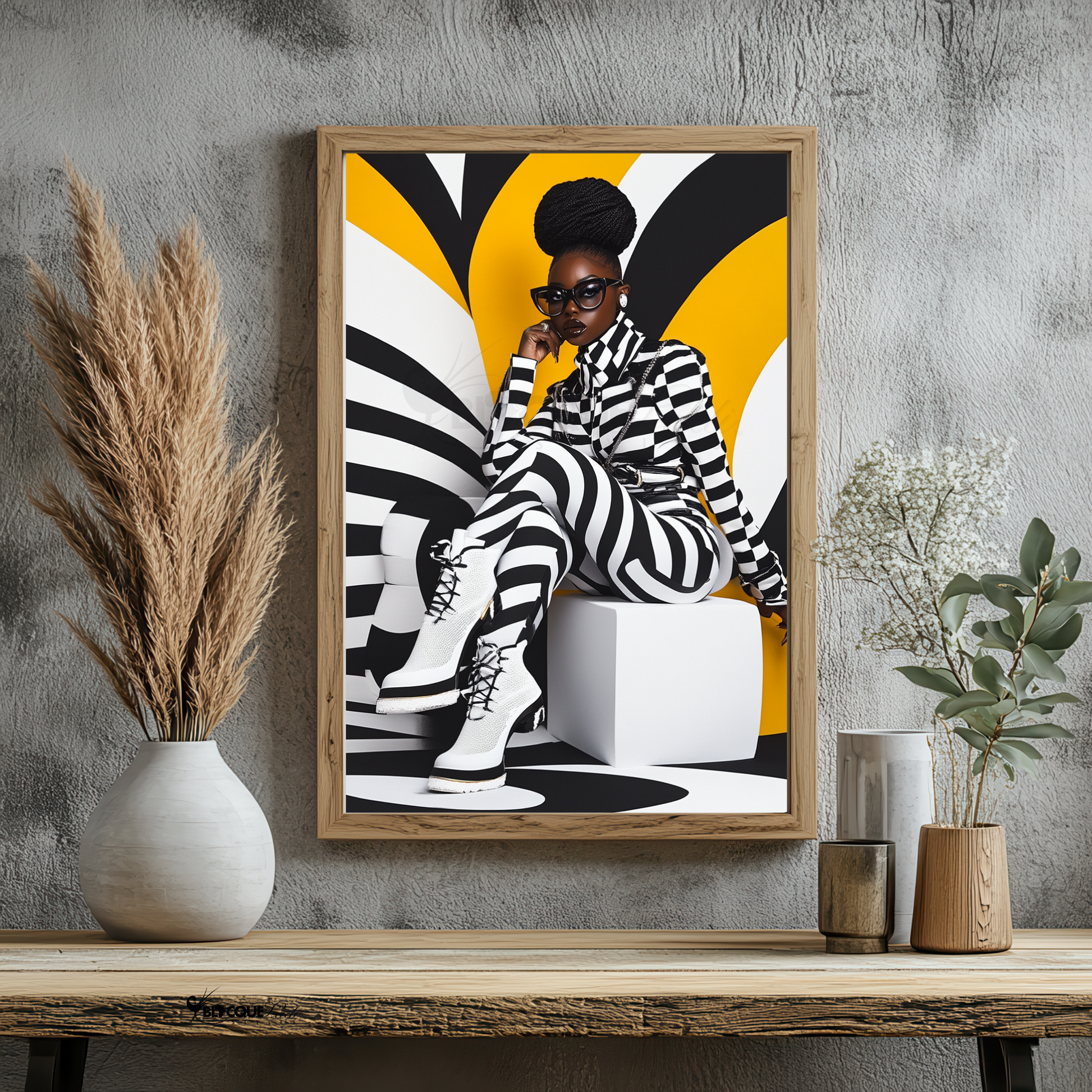 A striking digital portrait of a Black woman adorned in bold geometric patterns, exuding strength and self-acceptance. High-contrast black-and-white Afrocentric artwork symbolizing power, resilience, and unapologetic beauty. A statement piece for modern decor.