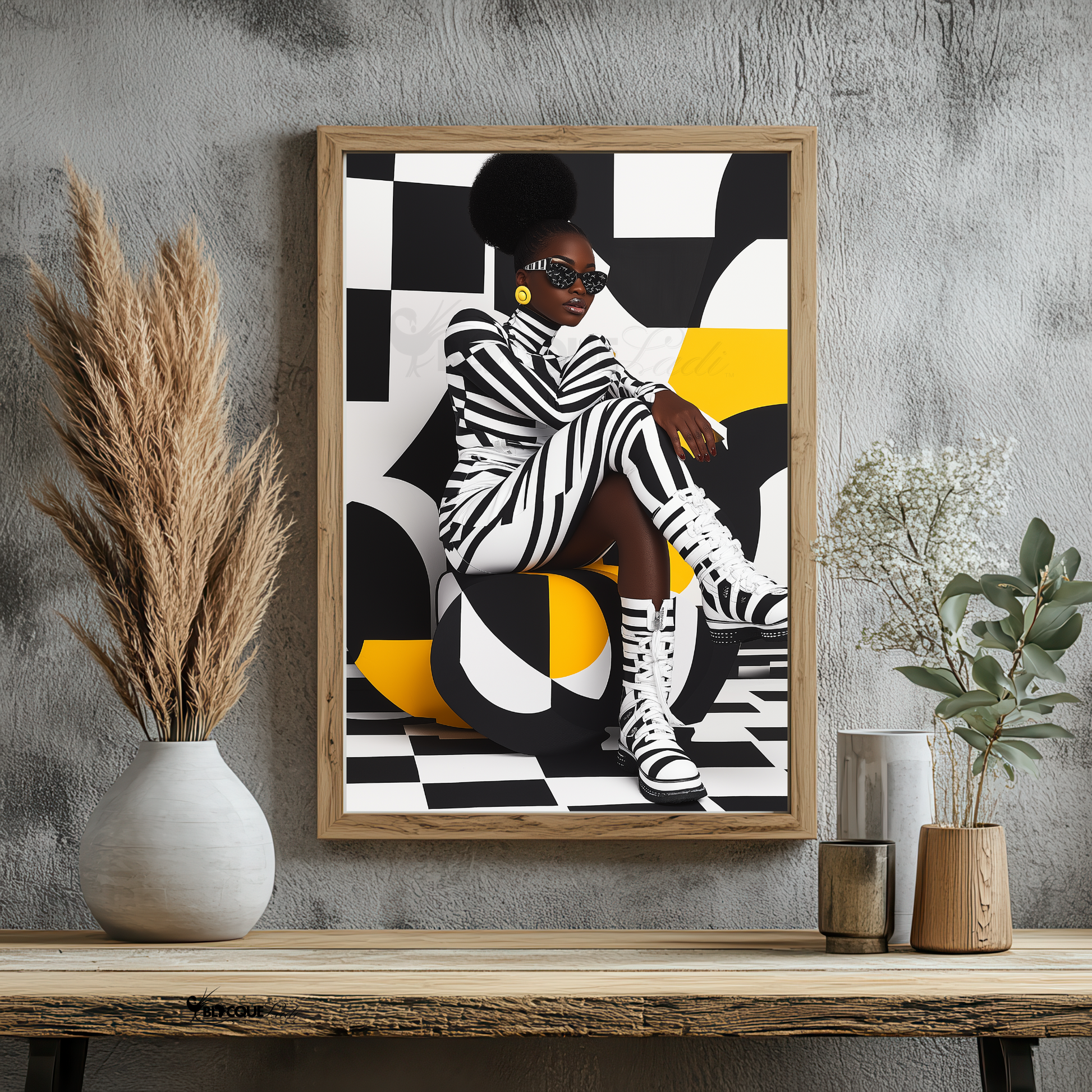 A striking digital portrait of a Black woman adorned in bold geometric patterns, exuding strength and self-acceptance. High-contrast black-and-white Afrocentric artwork symbolizing power, resilience, and unapologetic beauty. A statement piece for modern decor.