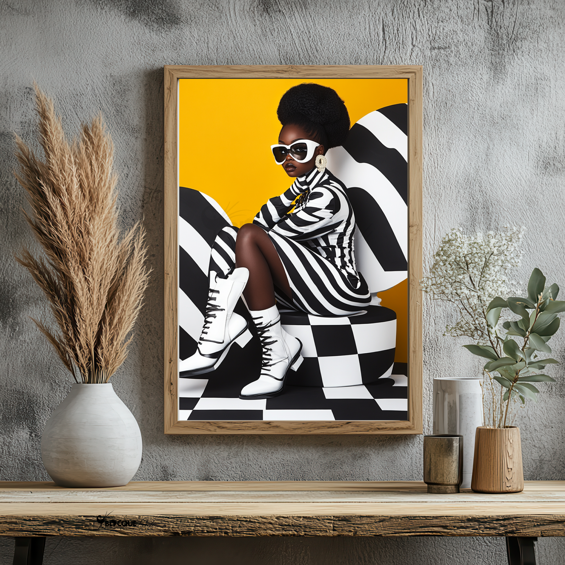 A striking digital portrait of a Black woman adorned in bold geometric patterns, exuding strength and self-acceptance. High-contrast black-and-white Afrocentric artwork symbolizing power, resilience, and unapologetic beauty. A statement piece for modern decor.