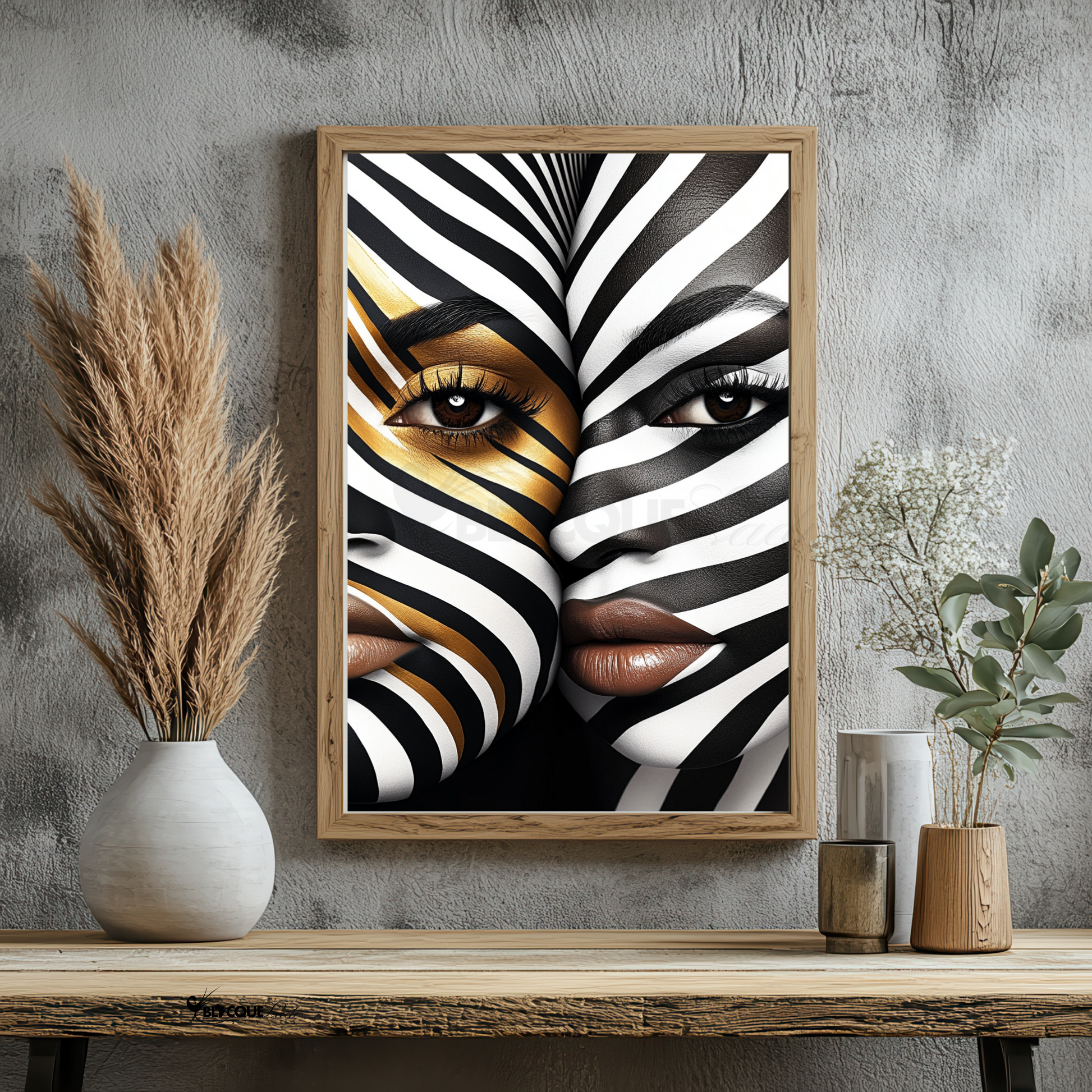 This digital artwork, titled Strength in Black & White Stripe, features a bold and abstract portrait of an African American woman. Her face is elegantly defined by high-contrast black and white tones, with striking gold accents adding depth and sophistication. The artwork is a fusion of modern and Afrocentric styles, using expressive lines and abstract patterns to symbolize strength, resilience, and cultural pride. The composition is powerful, making a statement about beauty, identity, and encouragement.