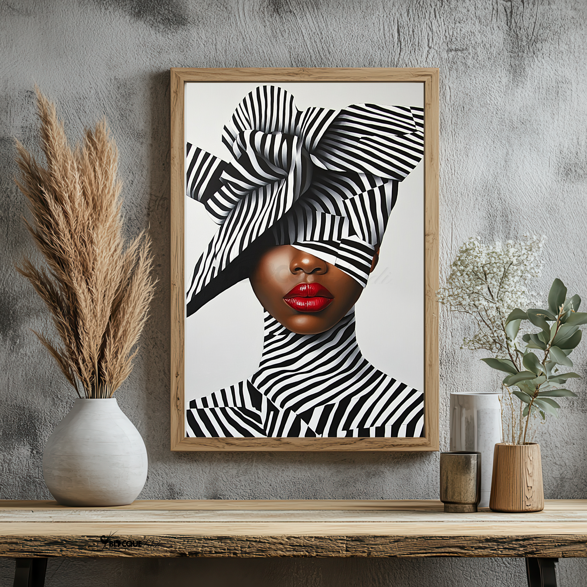 A striking digital portrait of a Black woman adorned in bold geometric patterns, exuding strength and self-acceptance. High-contrast black-and-white Afrocentric artwork symbolizing power, resilience, and unapologetic beauty. A statement piece for modern decor.