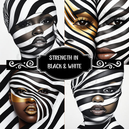 This digital artwork, titled Strength in Black & White Stripe, features a bold and abstract portrait of an African American woman. Her face is elegantly defined by high-contrast black and white tones, with striking gold accents adding depth and sophistication. The artwork is a fusion of modern and Afrocentric styles, using expressive lines and abstract patterns to symbolize strength, resilience, and cultural pride. The composition is powerful, making a statement about beauty, identity, and encouragement.