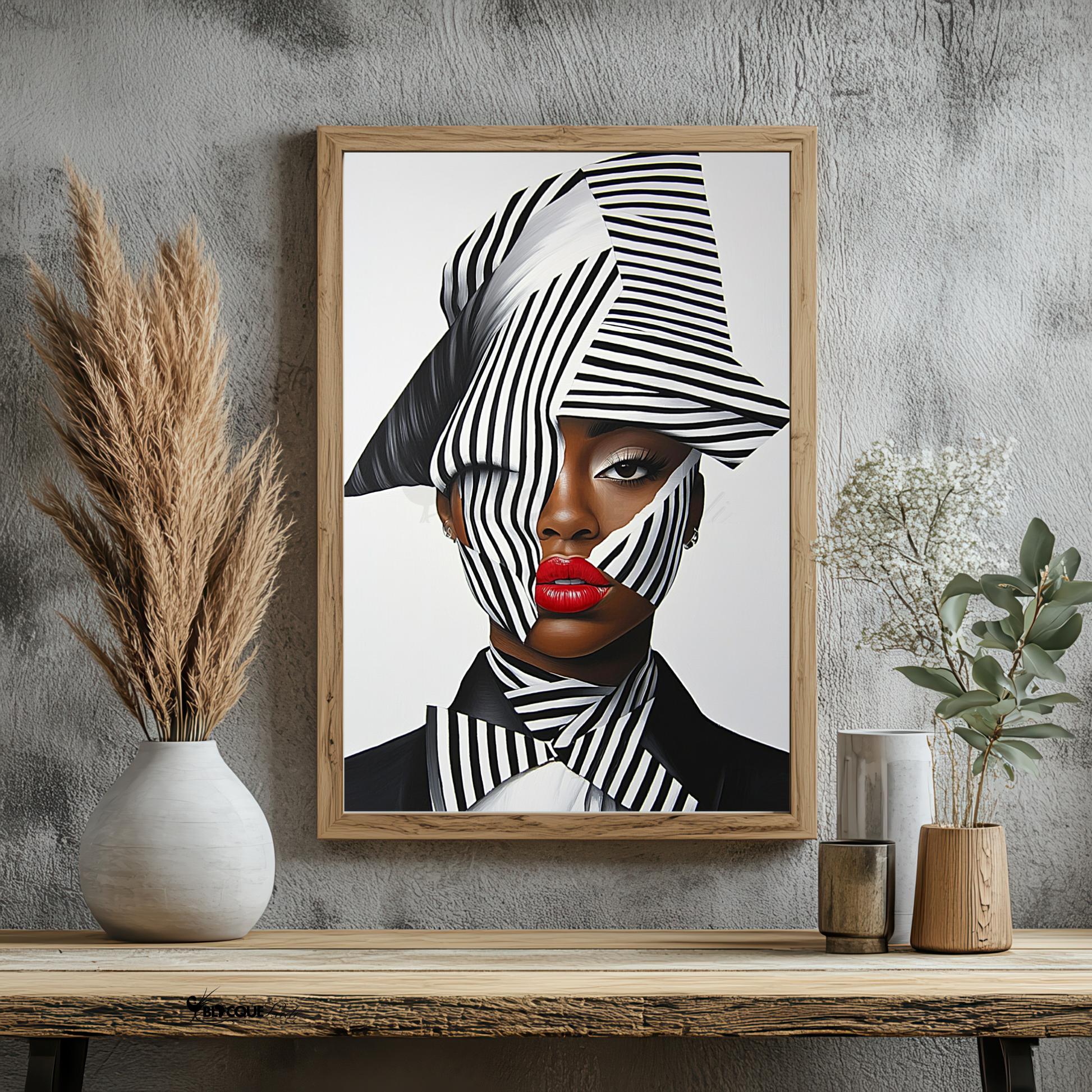 A striking digital portrait of a Black woman adorned in bold geometric patterns, exuding strength and self-acceptance. High-contrast black-and-white Afrocentric artwork symbolizing power, resilience, and unapologetic beauty. A statement piece for modern decor.