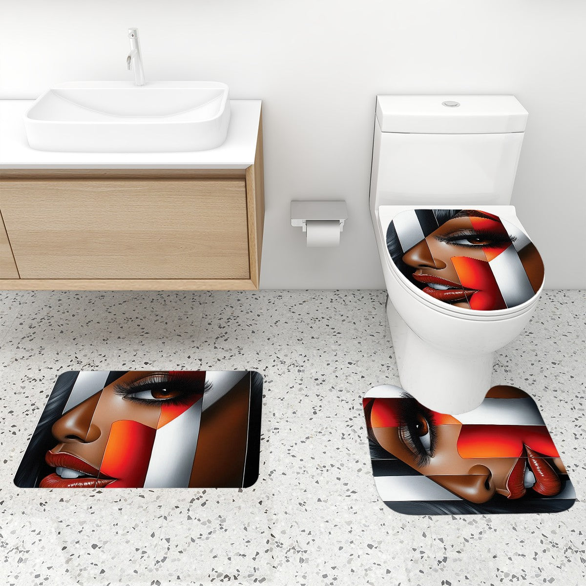 Black Woman Bathroom Wall Art Set | “I’m Looking at You” Afrocentric Queen | Chic Red Black Abstract Shower Curtain + Rug Decor