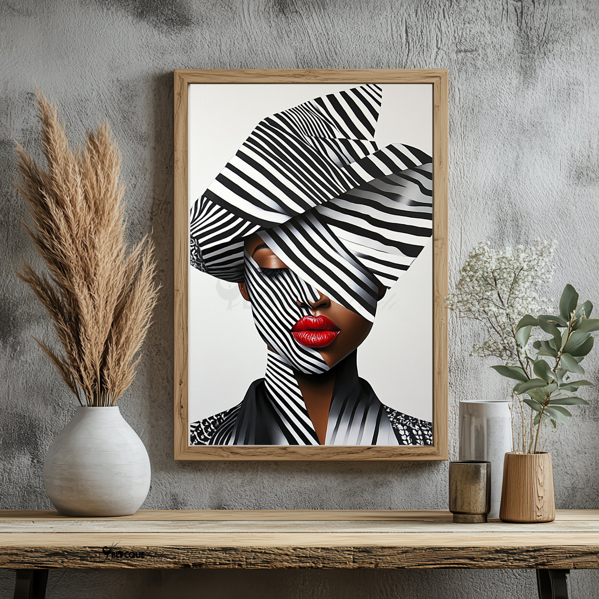 A striking digital portrait of a Black woman adorned in bold geometric patterns, exuding strength and self-acceptance. High-contrast black-and-white Afrocentric artwork symbolizing power, resilience, and unapologetic beauty. A statement piece for modern decor.