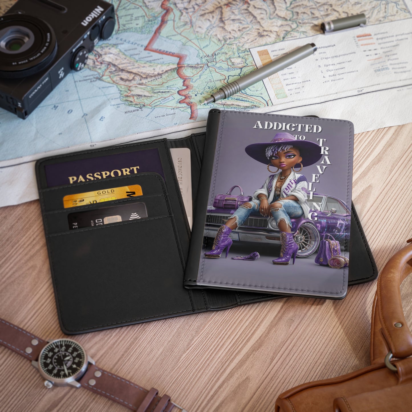 Afrocentric Passport Cover | “Traveling Is My Love Language” | RFID Blocking Faux Leather Travel Wallet with Card Slots