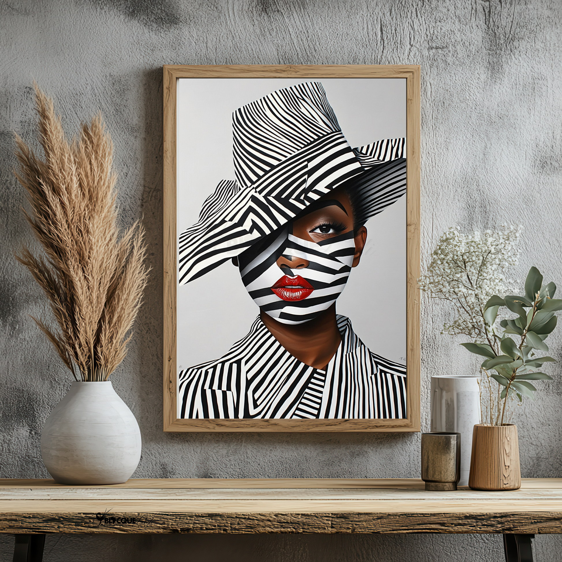 A striking digital portrait of a Black woman adorned in bold geometric patterns, exuding strength and self-acceptance. High-contrast black-and-white Afrocentric artwork symbolizing power, resilience, and unapologetic beauty. A statement piece for modern decor.