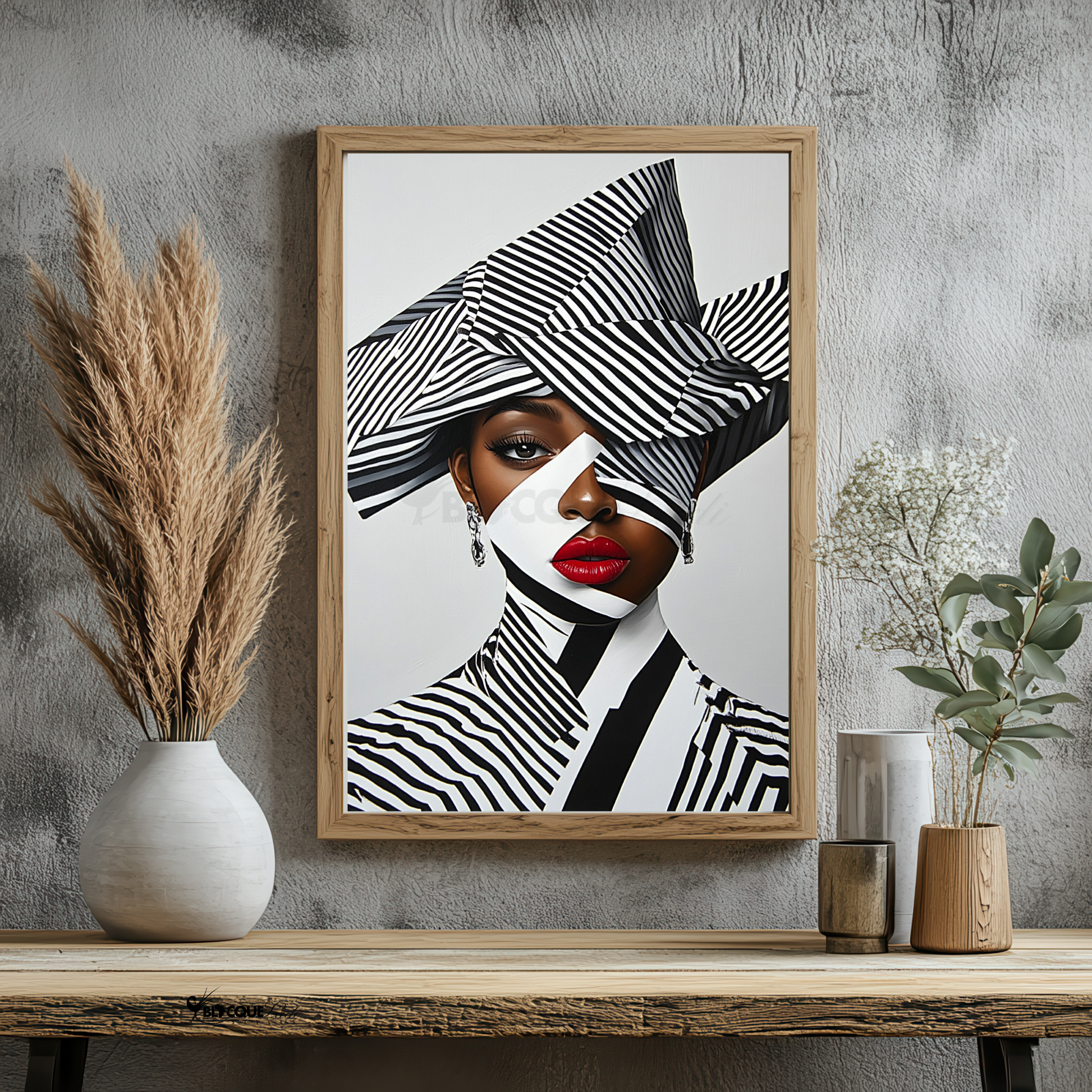 A striking digital portrait of a Black woman adorned in bold geometric patterns, exuding strength and self-acceptance. High-contrast black-and-white Afrocentric artwork symbolizing power, resilience, and unapologetic beauty. A statement piece for modern decor.