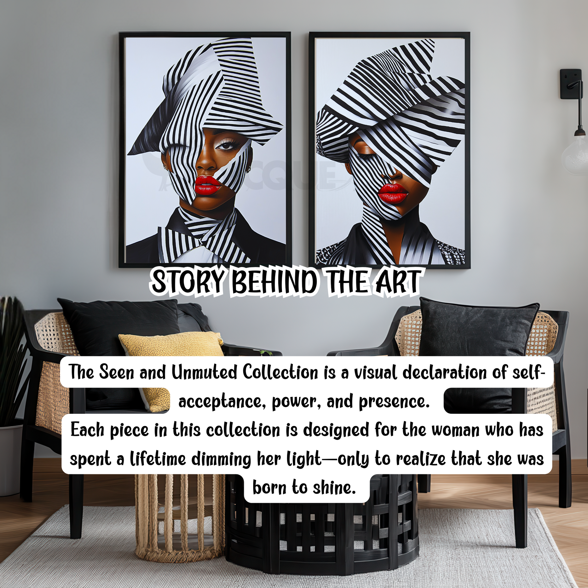 A striking digital portrait of a Black woman adorned in bold geometric patterns, exuding strength and self-acceptance. High-contrast black-and-white Afrocentric artwork symbolizing power, resilience, and unapologetic beauty. A statement piece for modern decor.