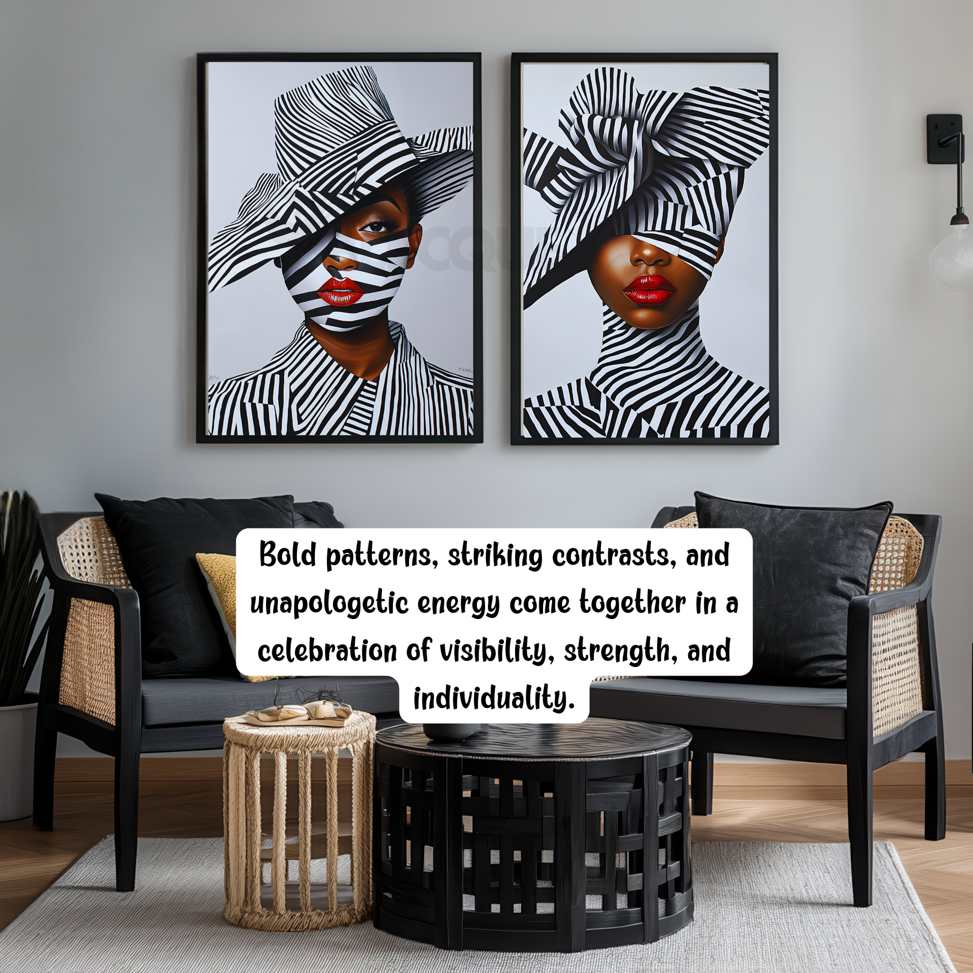 A striking digital portrait of a Black woman adorned in bold geometric patterns, exuding strength and self-acceptance. High-contrast black-and-white Afrocentric artwork symbolizing power, resilience, and unapologetic beauty. A statement piece for modern decor.