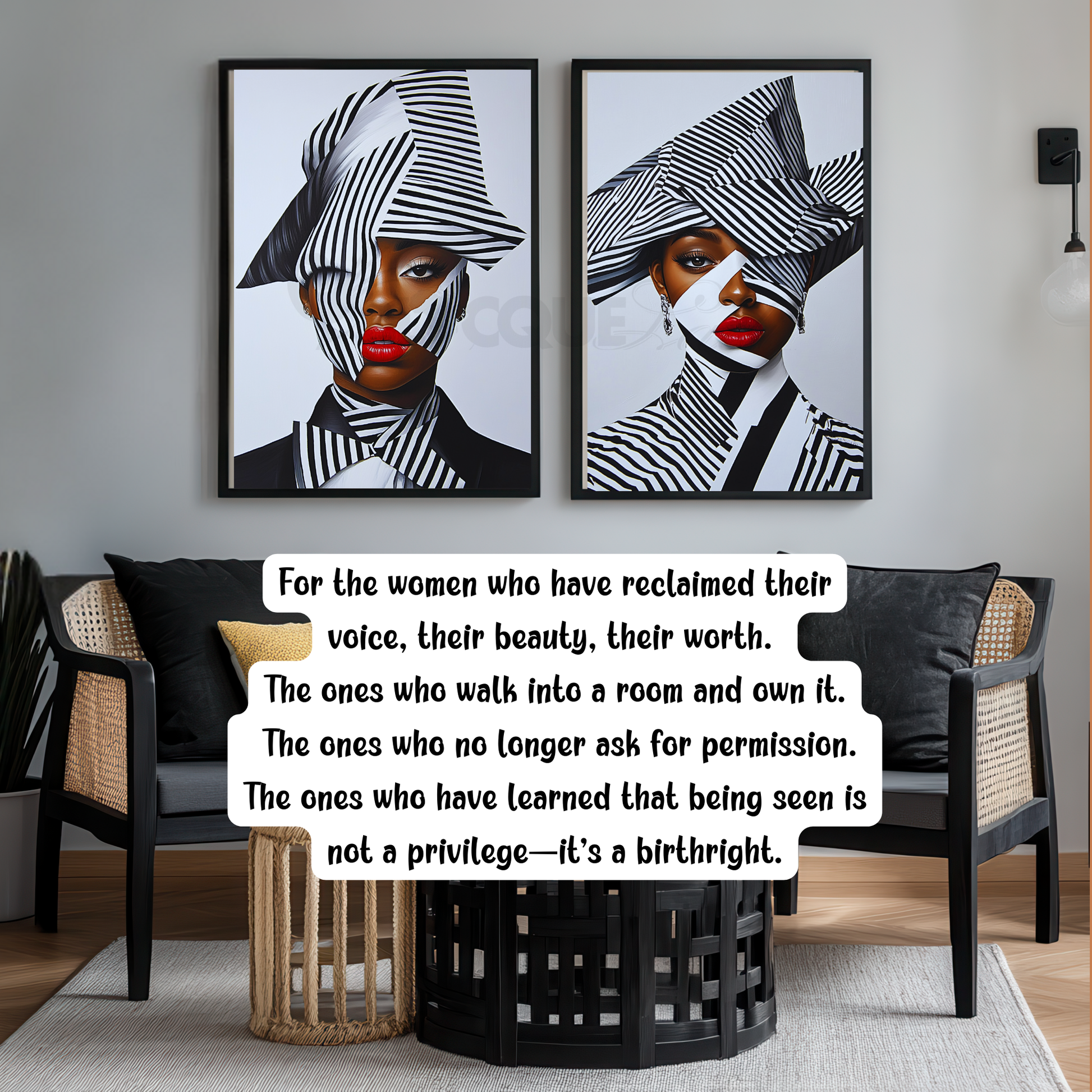 A striking digital portrait of a Black woman adorned in bold geometric patterns, exuding strength and self-acceptance. High-contrast black-and-white Afrocentric artwork symbolizing power, resilience, and unapologetic beauty. A statement piece for modern decor.