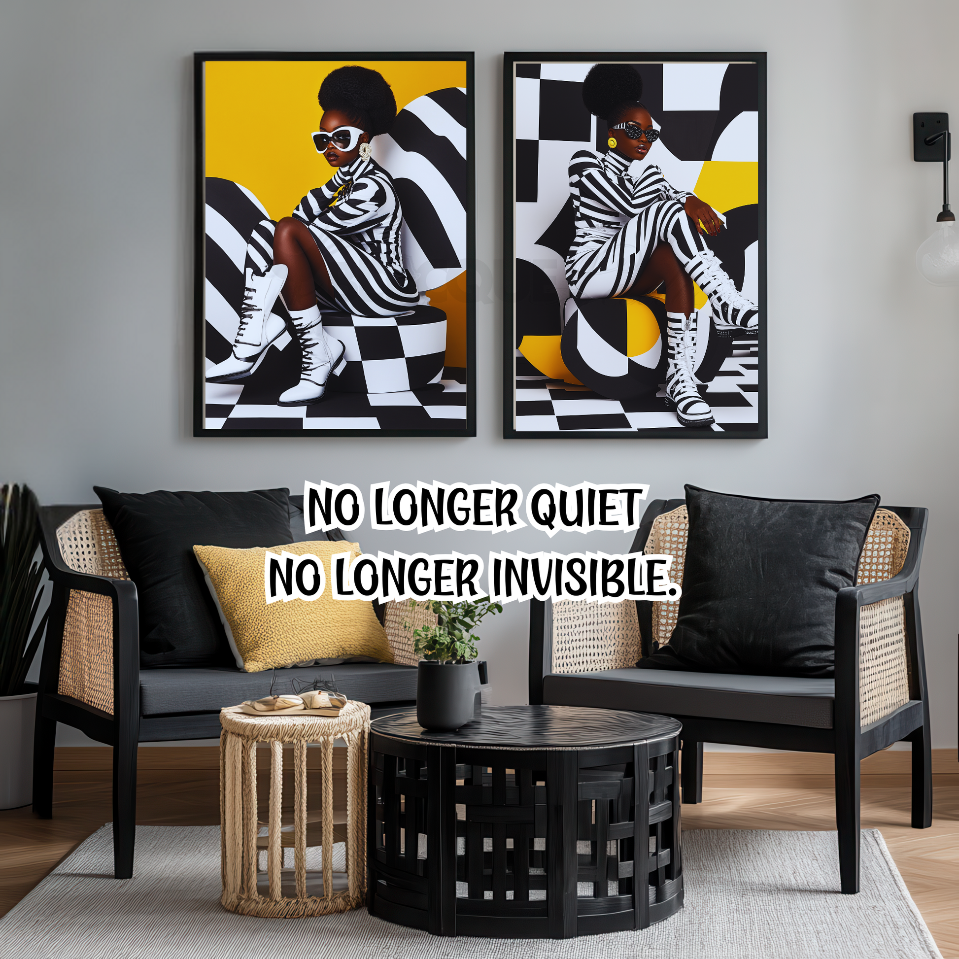 A striking digital portrait of a Black woman adorned in bold geometric patterns, exuding strength and self-acceptance. High-contrast black-and-white Afrocentric artwork symbolizing power, resilience, and unapologetic beauty. A statement piece for modern decor.