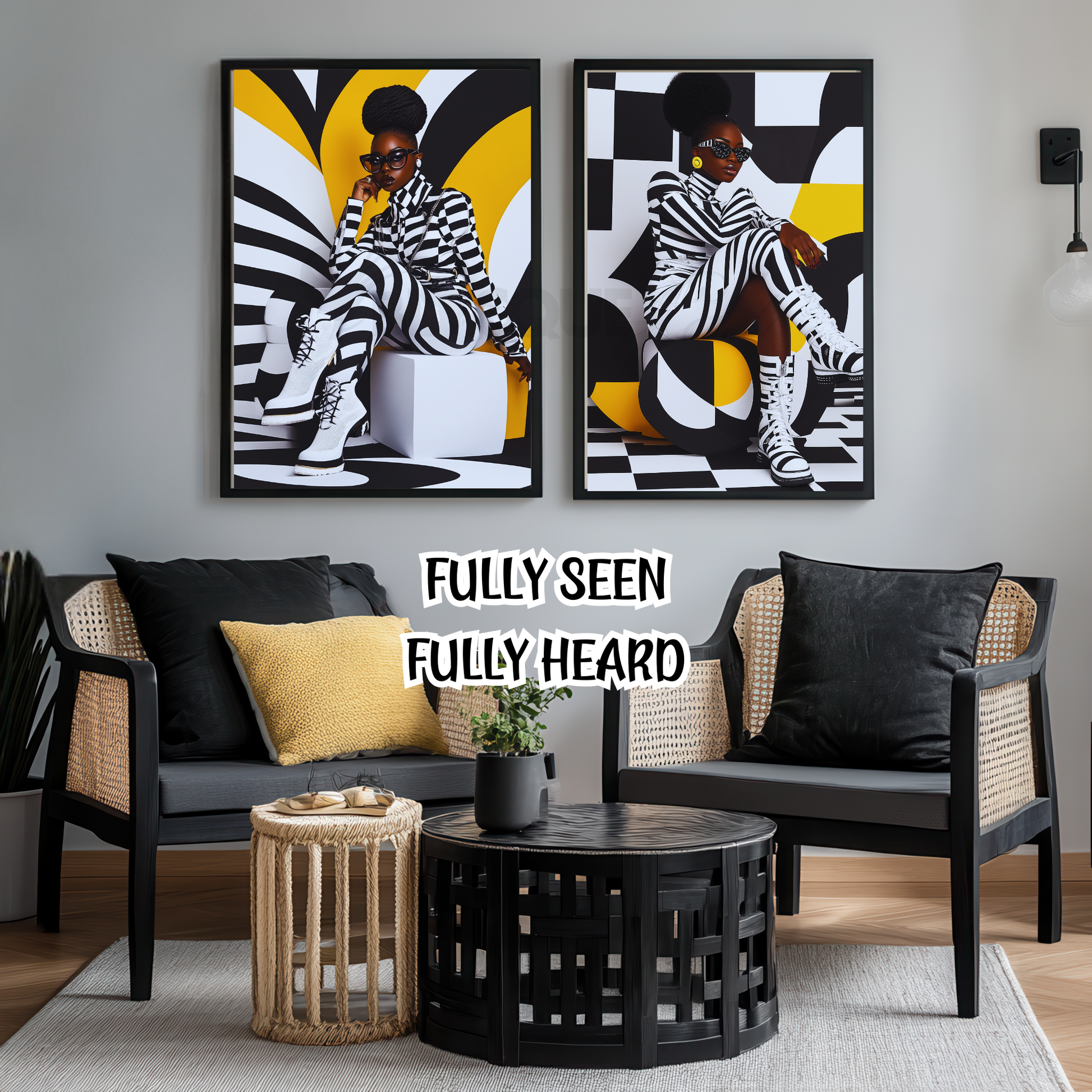 A striking digital portrait of a Black woman adorned in bold geometric patterns, exuding strength and self-acceptance. High-contrast black-and-white Afrocentric artwork symbolizing power, resilience, and unapologetic beauty. A statement piece for modern decor.