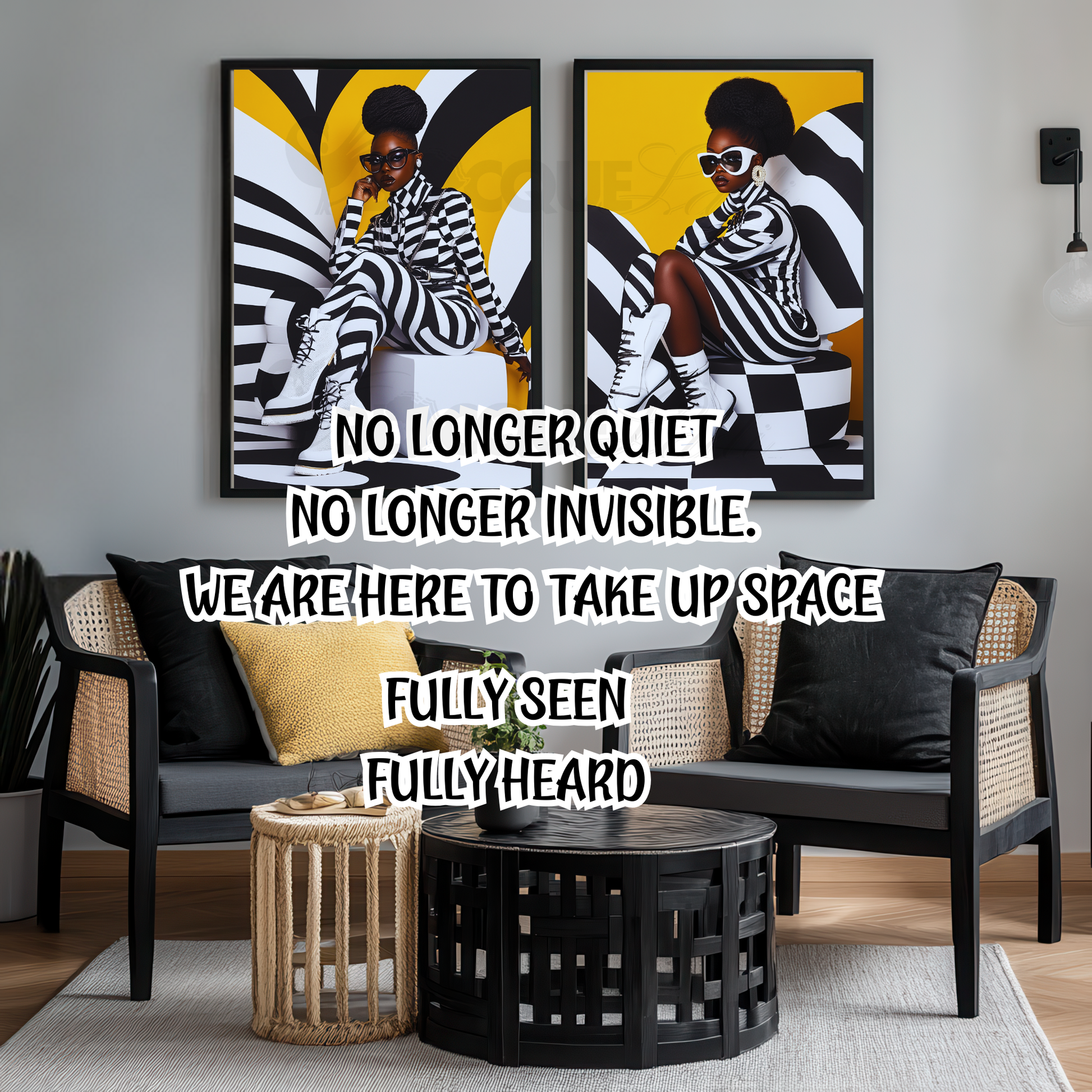 A striking digital portrait of a Black woman adorned in bold geometric patterns, exuding strength and self-acceptance. High-contrast black-and-white Afrocentric artwork symbolizing power, resilience, and unapologetic beauty. A statement piece for modern decor.