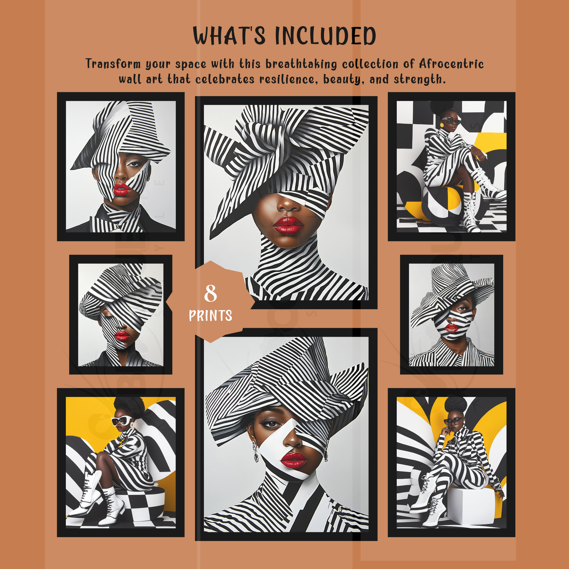 A striking digital portrait of a Black woman adorned in bold geometric patterns, exuding strength and self-acceptance. High-contrast black-and-white Afrocentric artwork symbolizing power, resilience, and unapologetic beauty. A statement piece for modern decor.
