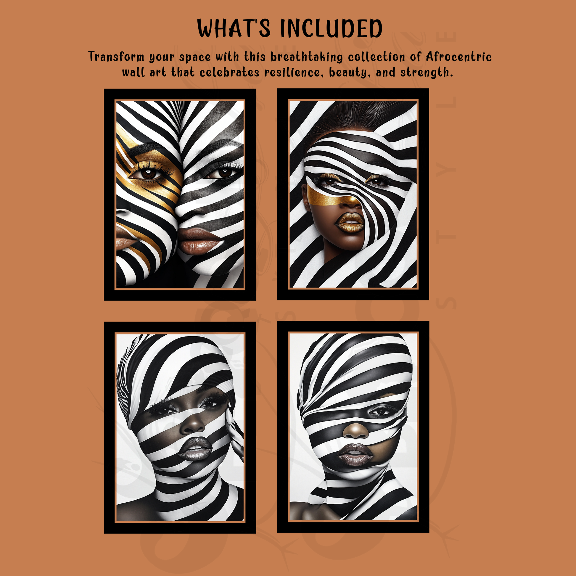 This digital artwork, titled Strength in Black & White Stripe, features a bold and abstract portrait of an African American woman. Her face is elegantly defined by high-contrast black and white tones, with striking gold accents adding depth and sophistication. The artwork is a fusion of modern and Afrocentric styles, using expressive lines and abstract patterns to symbolize strength, resilience, and cultural pride. The composition is powerful, making a statement about beauty, identity, and encouragement.