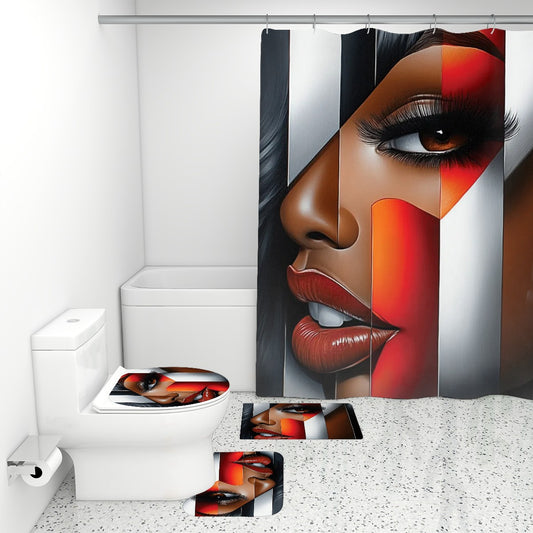 Black Woman Bathroom Wall Art Set | “I’m Looking at You” Afrocentric Queen | Chic Red Black Abstract Shower Curtain + Rug Decor