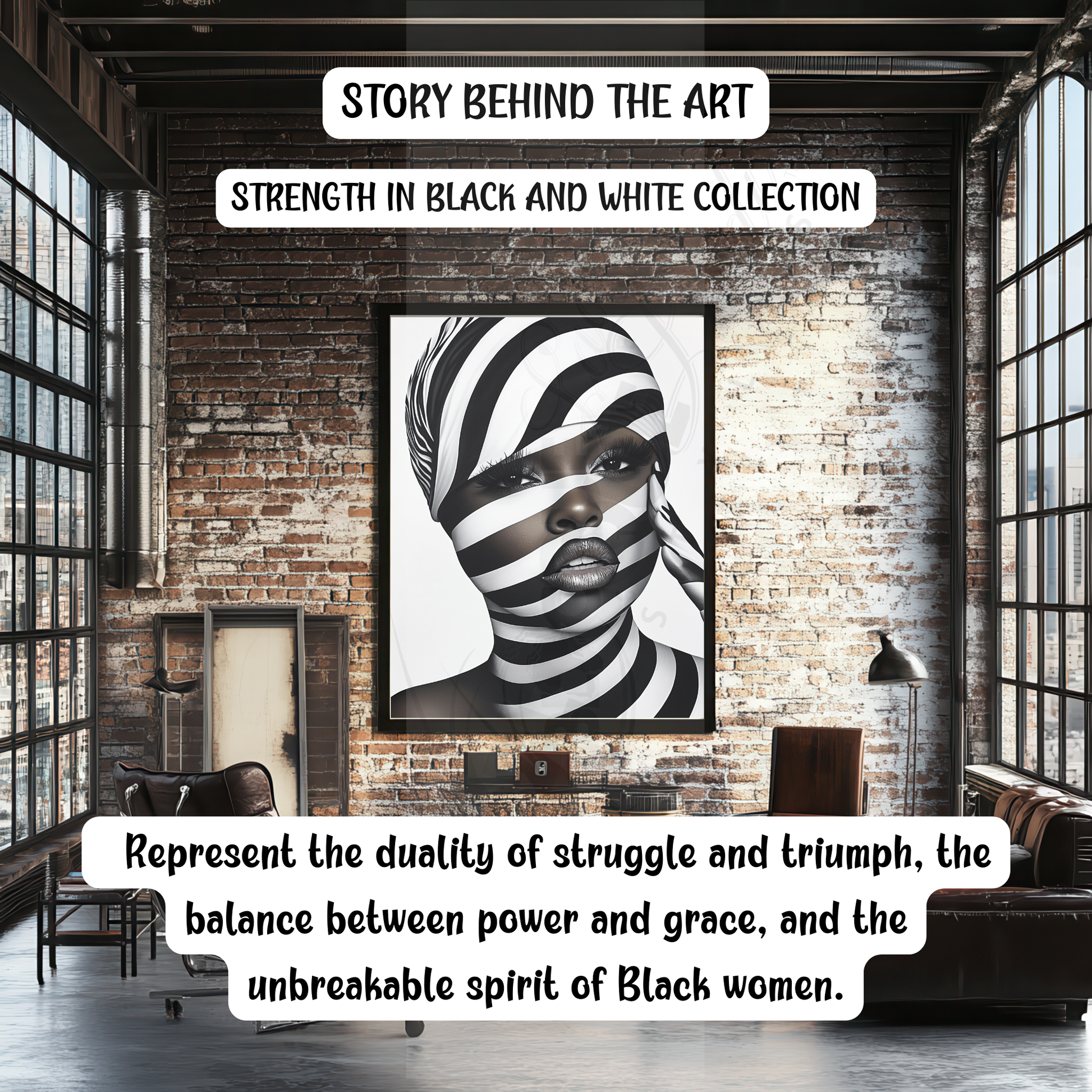 This digital artwork, titled Strength in Black & White Stripe, features a bold and abstract portrait of an African American woman. Her face is elegantly defined by high-contrast black and white tones, with striking gold accents adding depth and sophistication. The artwork is a fusion of modern and Afrocentric styles, using expressive lines and abstract patterns to symbolize strength, resilience, and cultural pride. The composition is powerful, making a statement about beauty, identity, and encouragement.