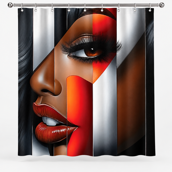 Black Woman Bathroom Wall Art Shower Curtain | “I’m Looking at You” Afrocentric Queen | Red & Silver Abstract Chic Bathroom Decor