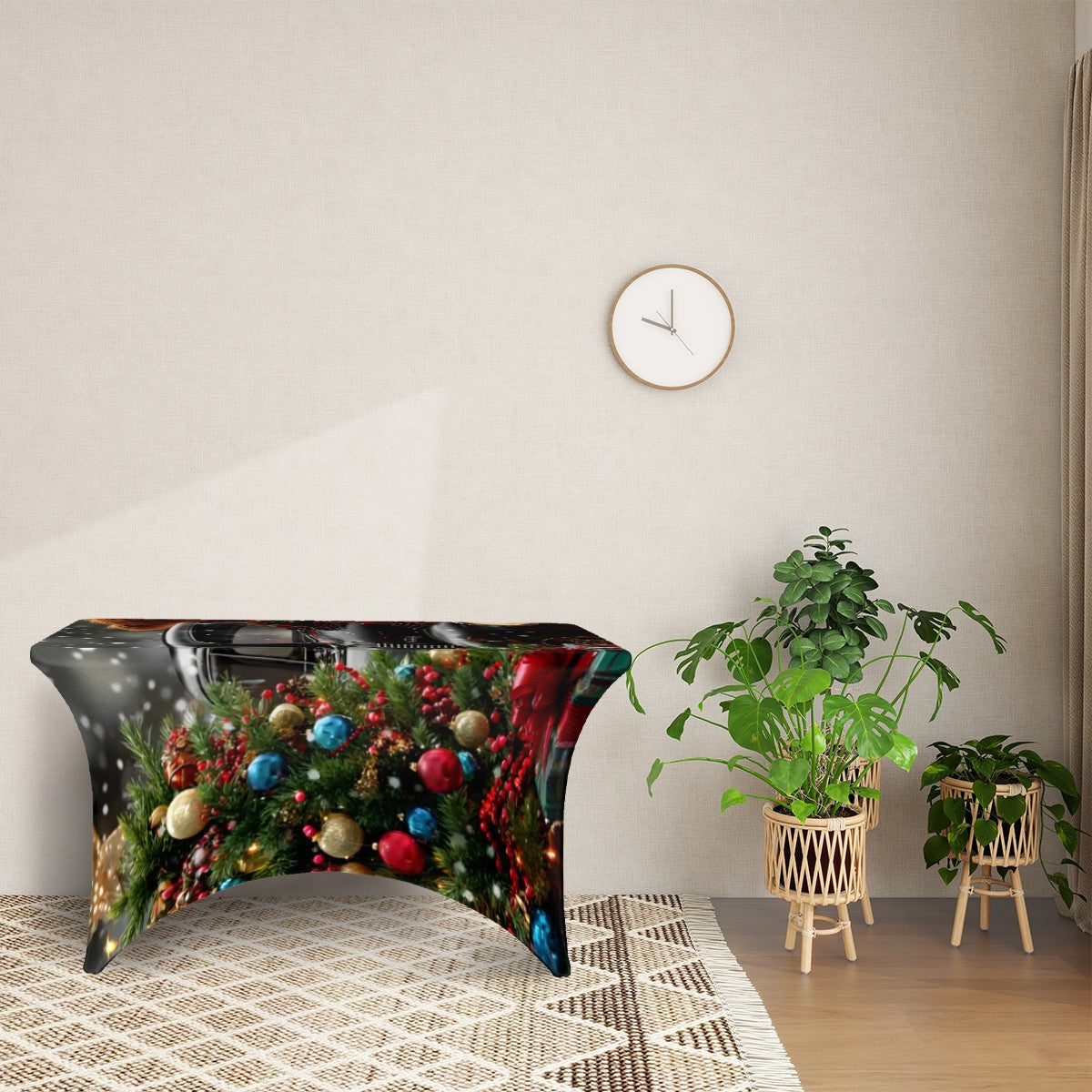 Christmas Table Cover | Vintage Truck with & Tree | 4ft Holiday Stretch Tablecloth