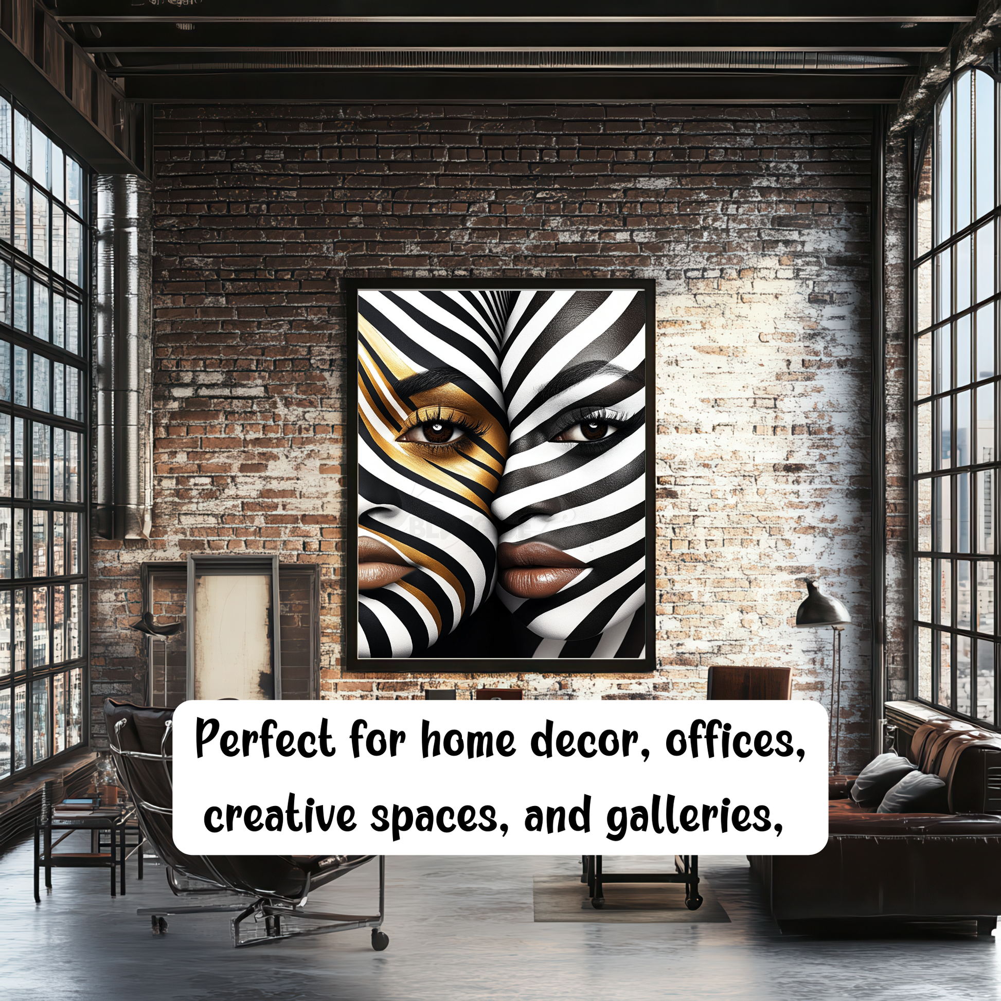 This digital artwork, titled Strength in Black & White Stripe, features a bold and abstract portrait of an African American woman. Her face is elegantly defined by high-contrast black and white tones, with striking gold accents adding depth and sophistication. The artwork is a fusion of modern and Afrocentric styles, using expressive lines and abstract patterns to symbolize strength, resilience, and cultural pride. The composition is powerful, making a statement about beauty, identity, and encouragement.