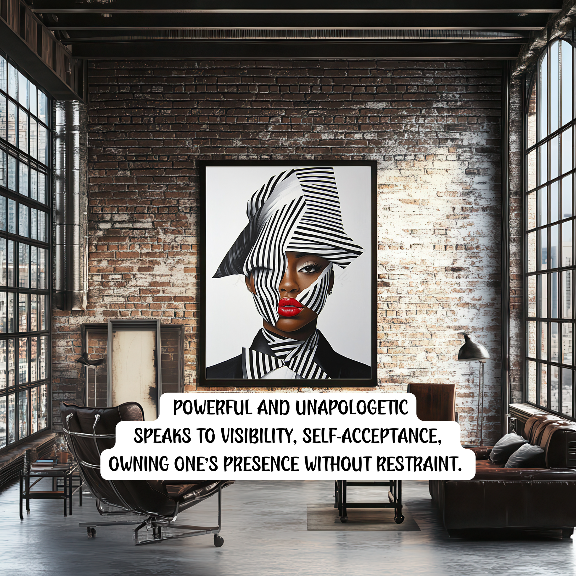 A striking digital portrait of a Black woman adorned in bold geometric patterns, exuding strength and self-acceptance. High-contrast black-and-white Afrocentric artwork symbolizing power, resilience, and unapologetic beauty. A statement piece for modern decor.