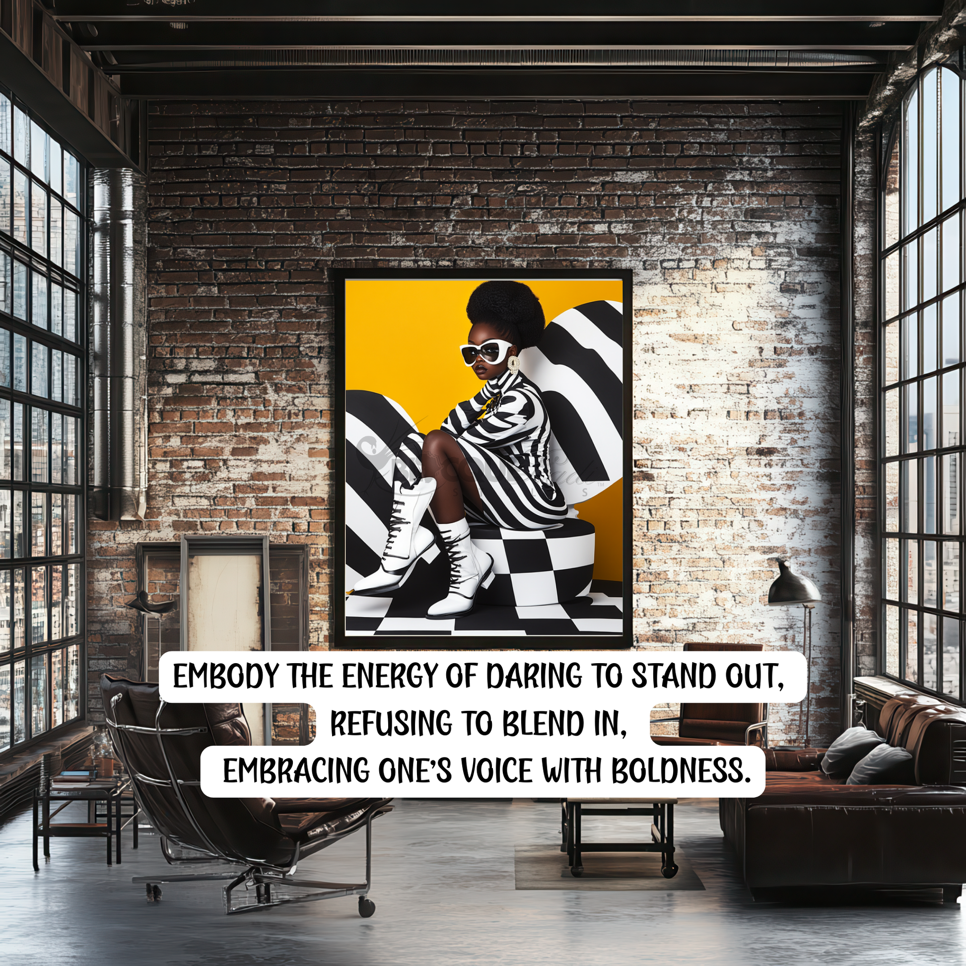 A striking digital portrait of a Black woman adorned in bold geometric patterns, exuding strength and self-acceptance. High-contrast black-and-white Afrocentric artwork symbolizing power, resilience, and unapologetic beauty. A statement piece for modern decor.