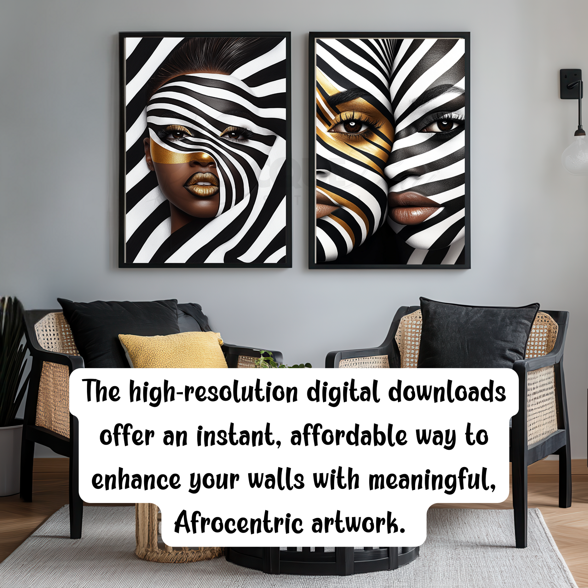 This digital artwork, titled Strength in Black & White Stripe, features a bold and abstract portrait of an African American woman. Her face is elegantly defined by high-contrast black and white tones, with striking gold accents adding depth and sophistication. The artwork is a fusion of modern and Afrocentric styles, using expressive lines and abstract patterns to symbolize strength, resilience, and cultural pride. The composition is powerful, making a statement about beauty, identity, and encouragement.