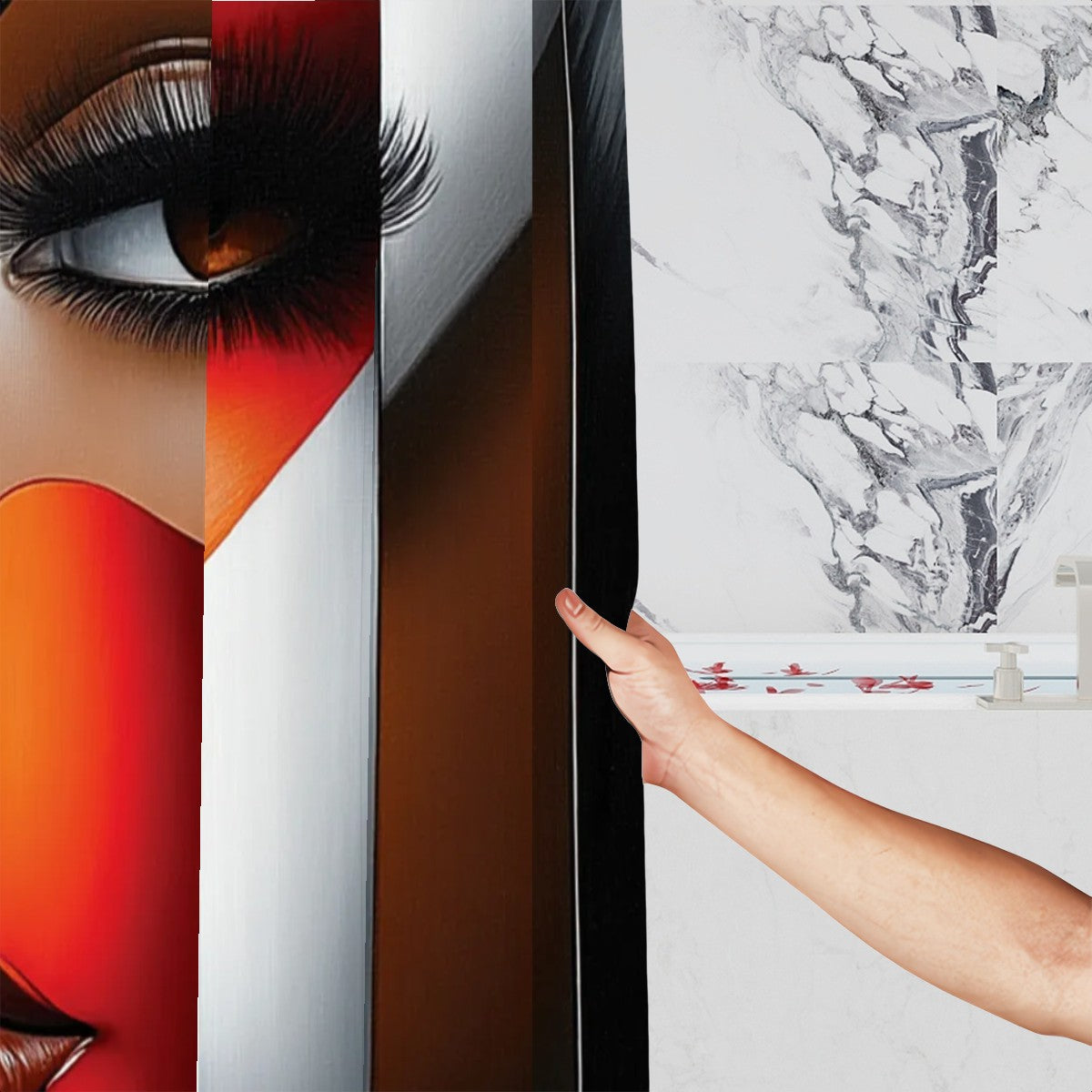 Black Woman Bathroom Wall Art Shower Curtain | “I’m Looking at You” Afrocentric Queen | Red & Silver Abstract Chic Bathroom Decor