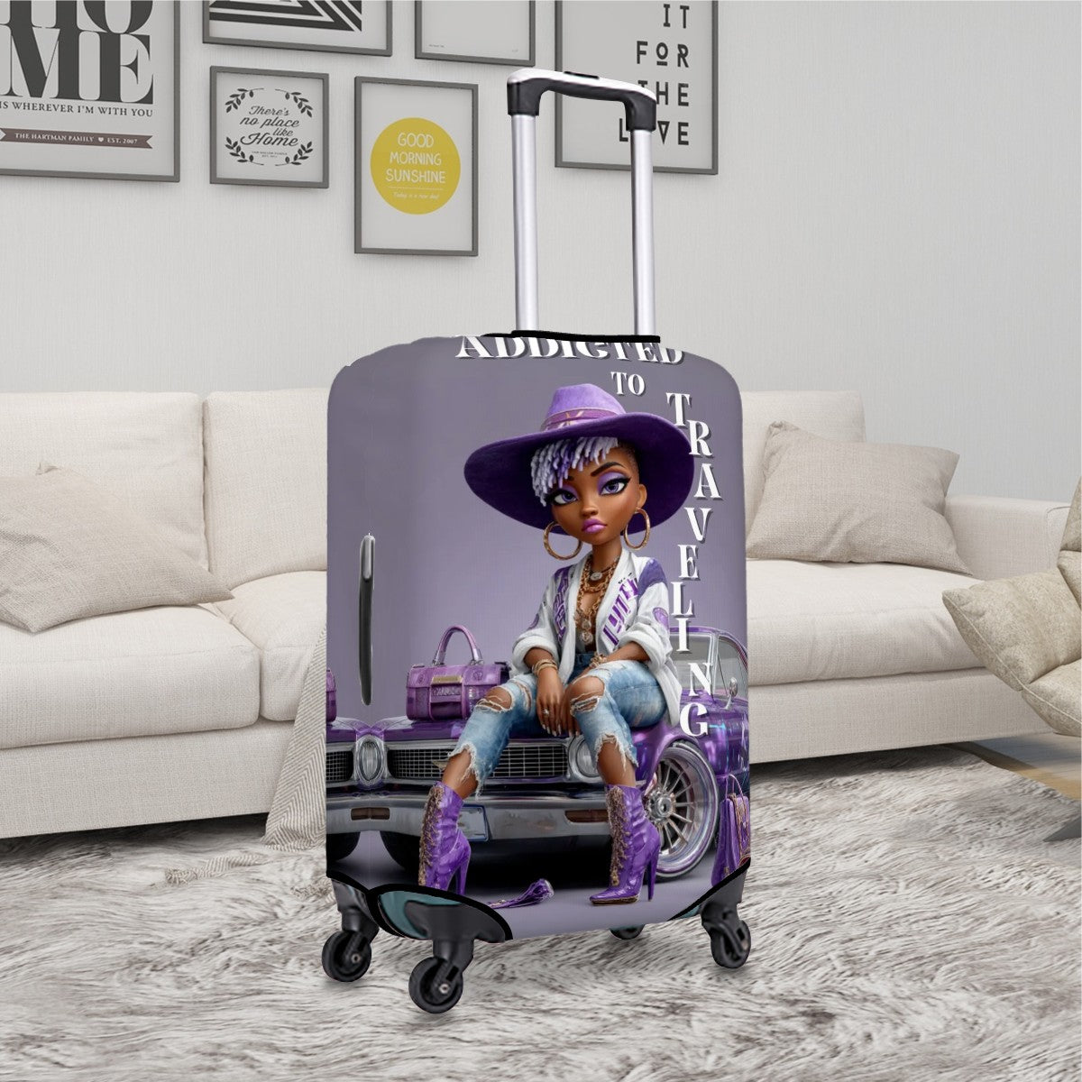 Protective Luggage Cover | Afrocentric Purple Artwork | Bold Cultural Travel Gear | Washable Suitcase Wrap