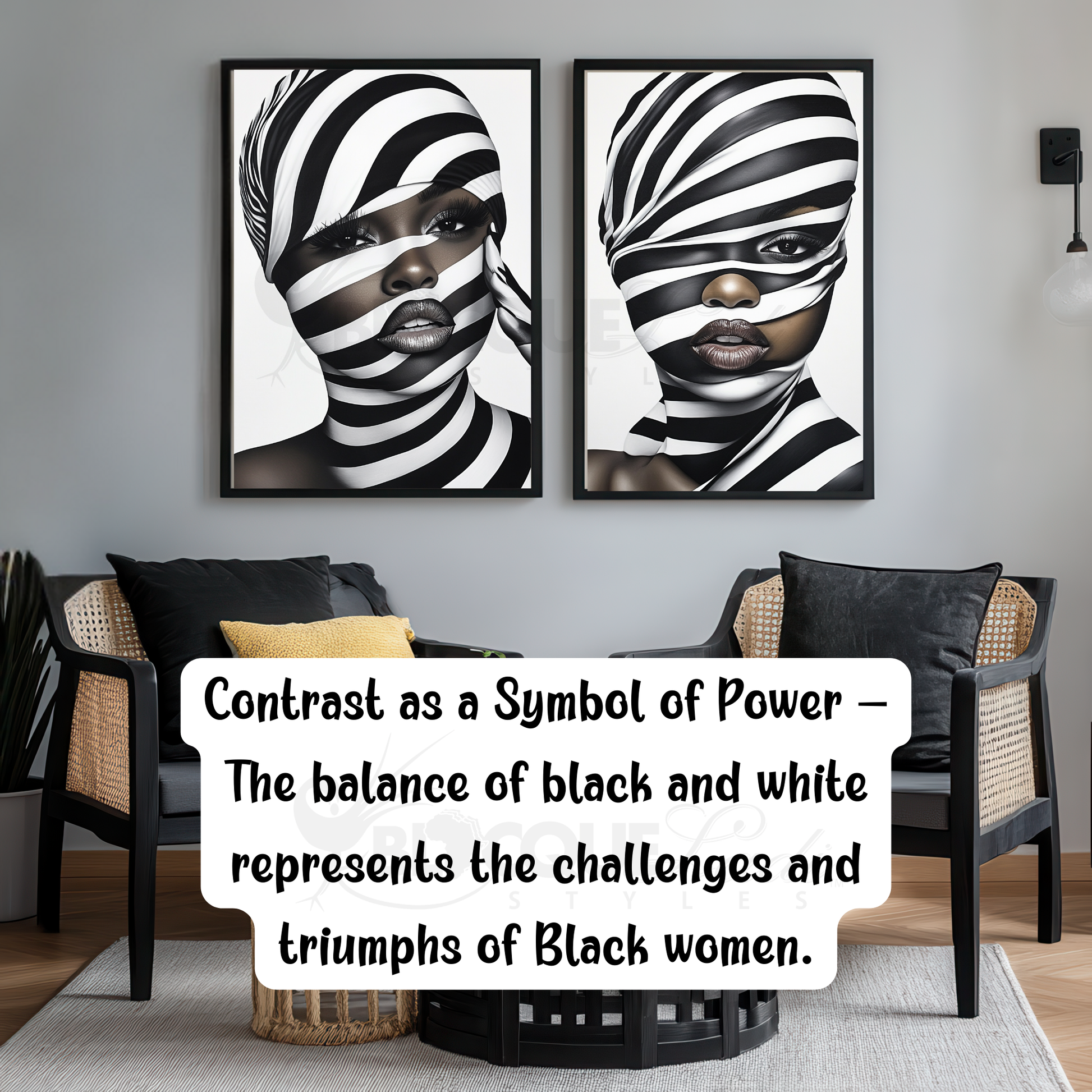 This digital artwork, titled Strength in Black & White Stripe, features a bold and abstract portrait of an African American woman. Her face is elegantly defined by high-contrast black and white tones, with striking gold accents adding depth and sophistication. The artwork is a fusion of modern and Afrocentric styles, using expressive lines and abstract patterns to symbolize strength, resilience, and cultural pride. The composition is powerful, making a statement about beauty, identity, and encouragement.