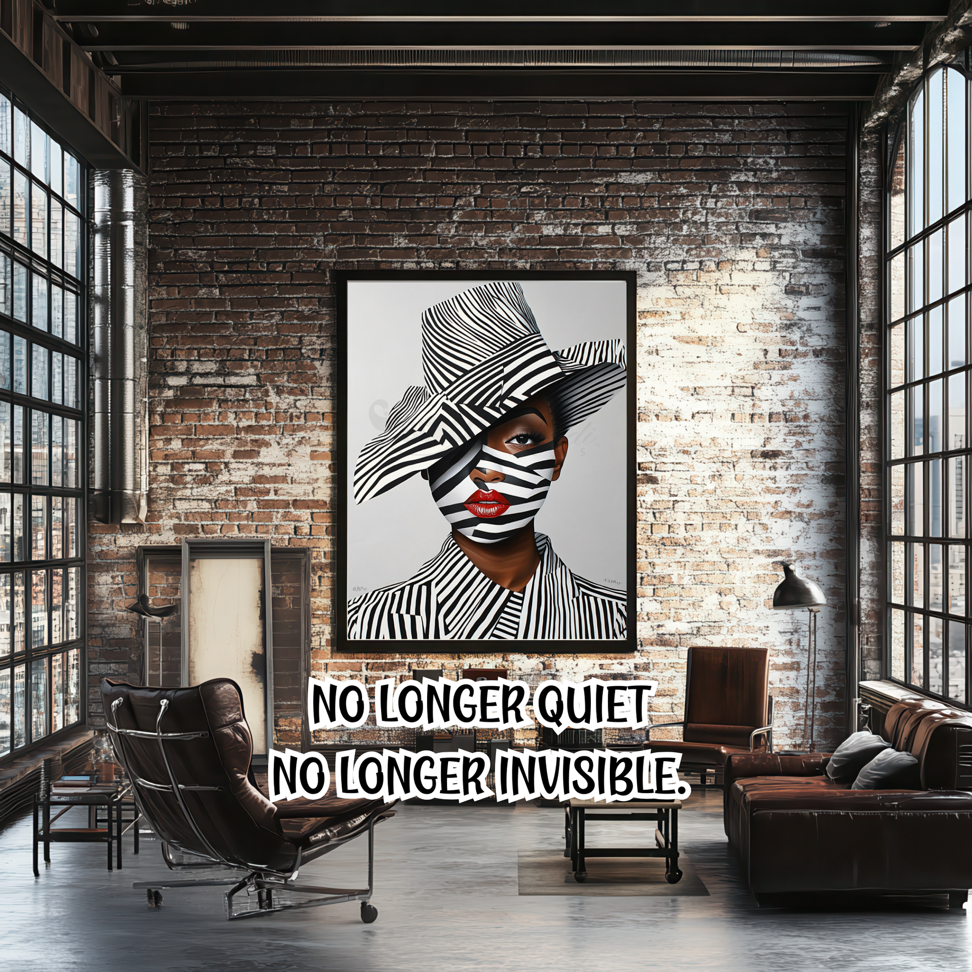 A striking digital portrait of a Black woman adorned in bold geometric patterns, exuding strength and self-acceptance. High-contrast black-and-white Afrocentric artwork symbolizing power, resilience, and unapologetic beauty. A statement piece for modern decor.