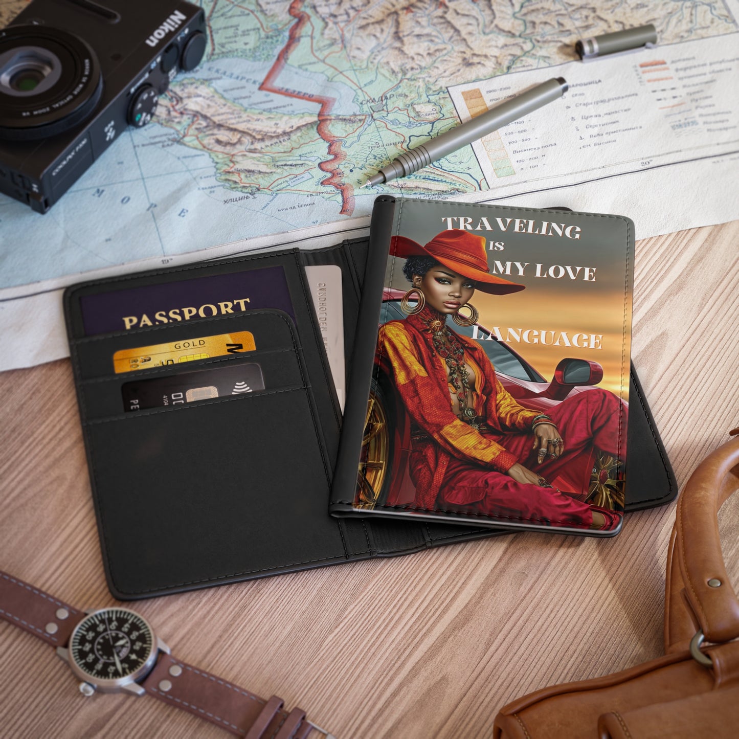 Luxury Afrocentric Passport Holder | Bold Red Car Artwork | RFID Travel Wallet Gift for Adventurers & Jetsetters