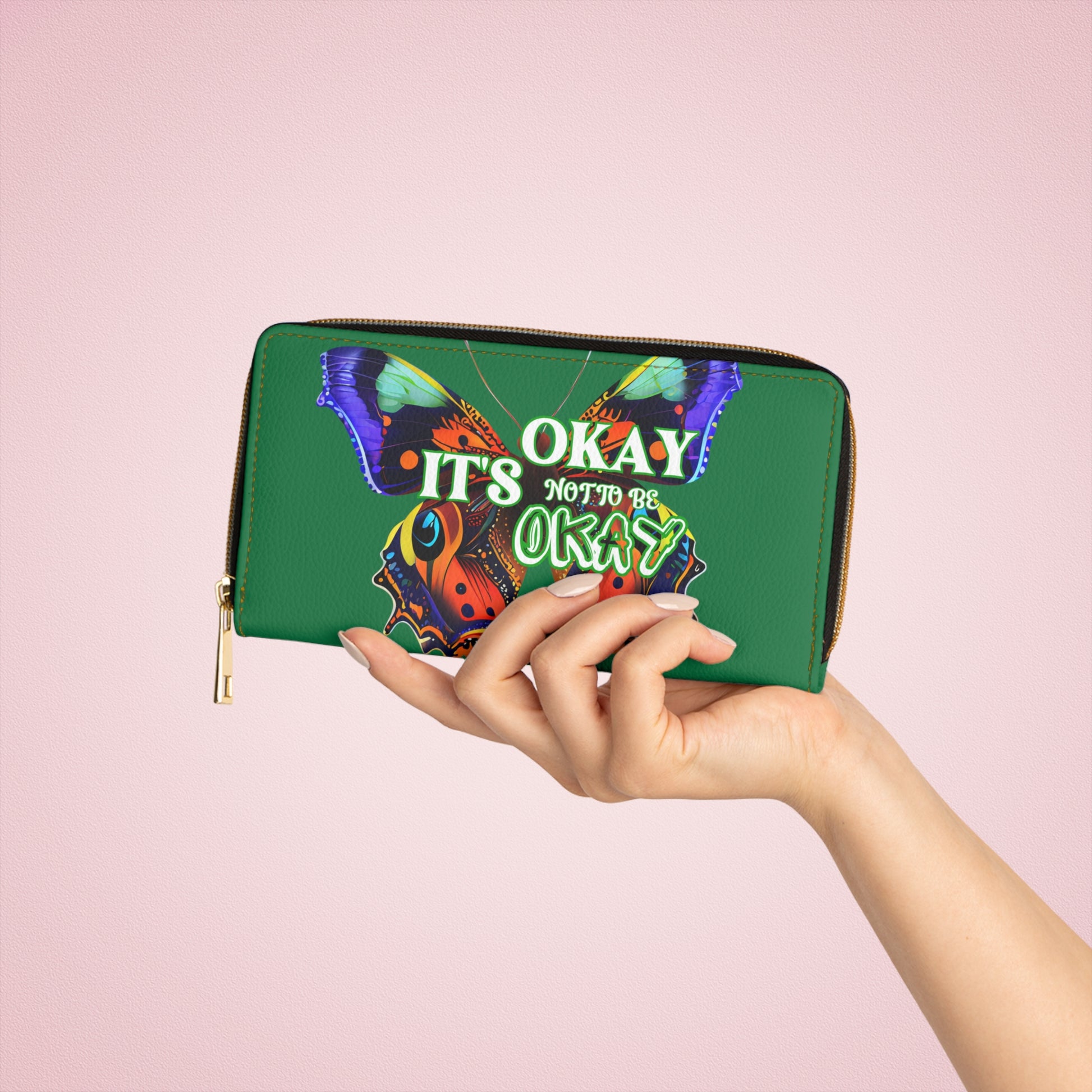 IT’S OKAY, NOT TO BE OKAY- Positive Afrocentric Affirmation Vegan Leather Wallet Bag- Empower Your Style and Self-Love ; Butterfly Green Wallet