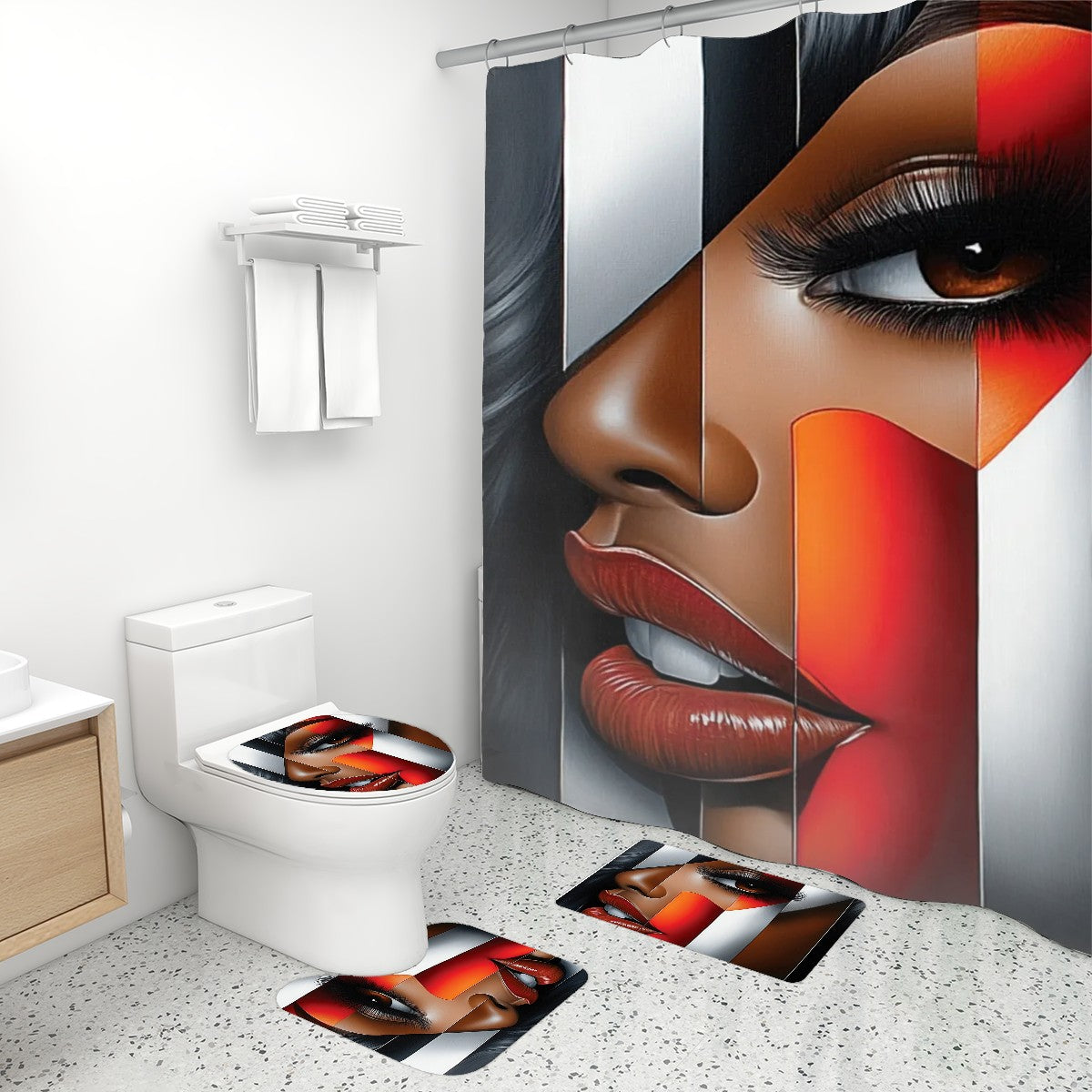 Black Woman Bathroom Wall Art Set | “I’m Looking at You” Afrocentric Queen | Chic Red Black Abstract Shower Curtain + Rug Decor