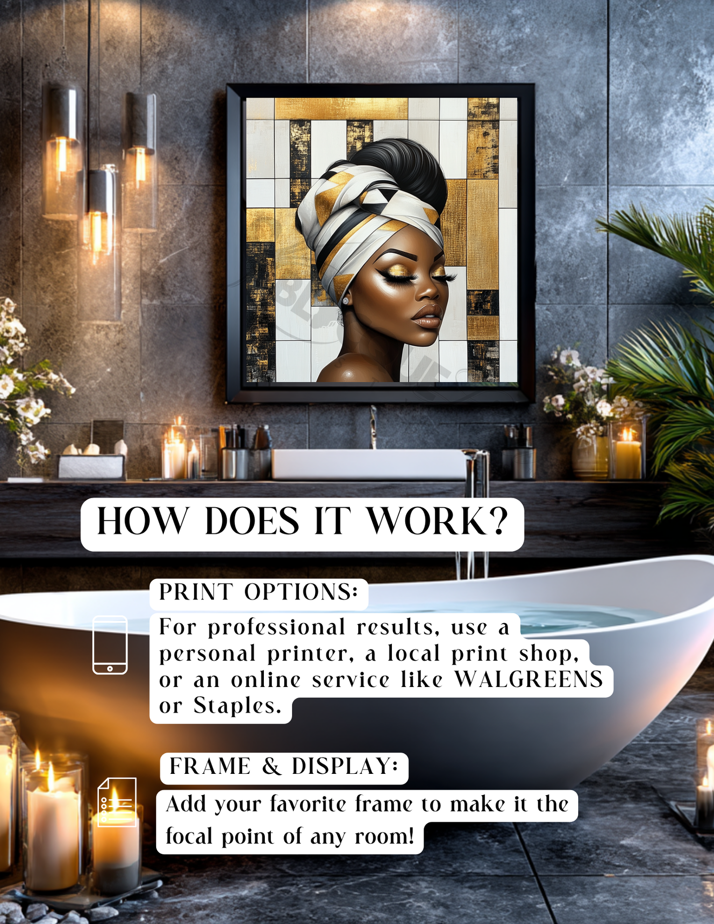 Afro-Luxury Bathroom Wall Art Set | Bold Black Woman Portraits | Digital Download Decor