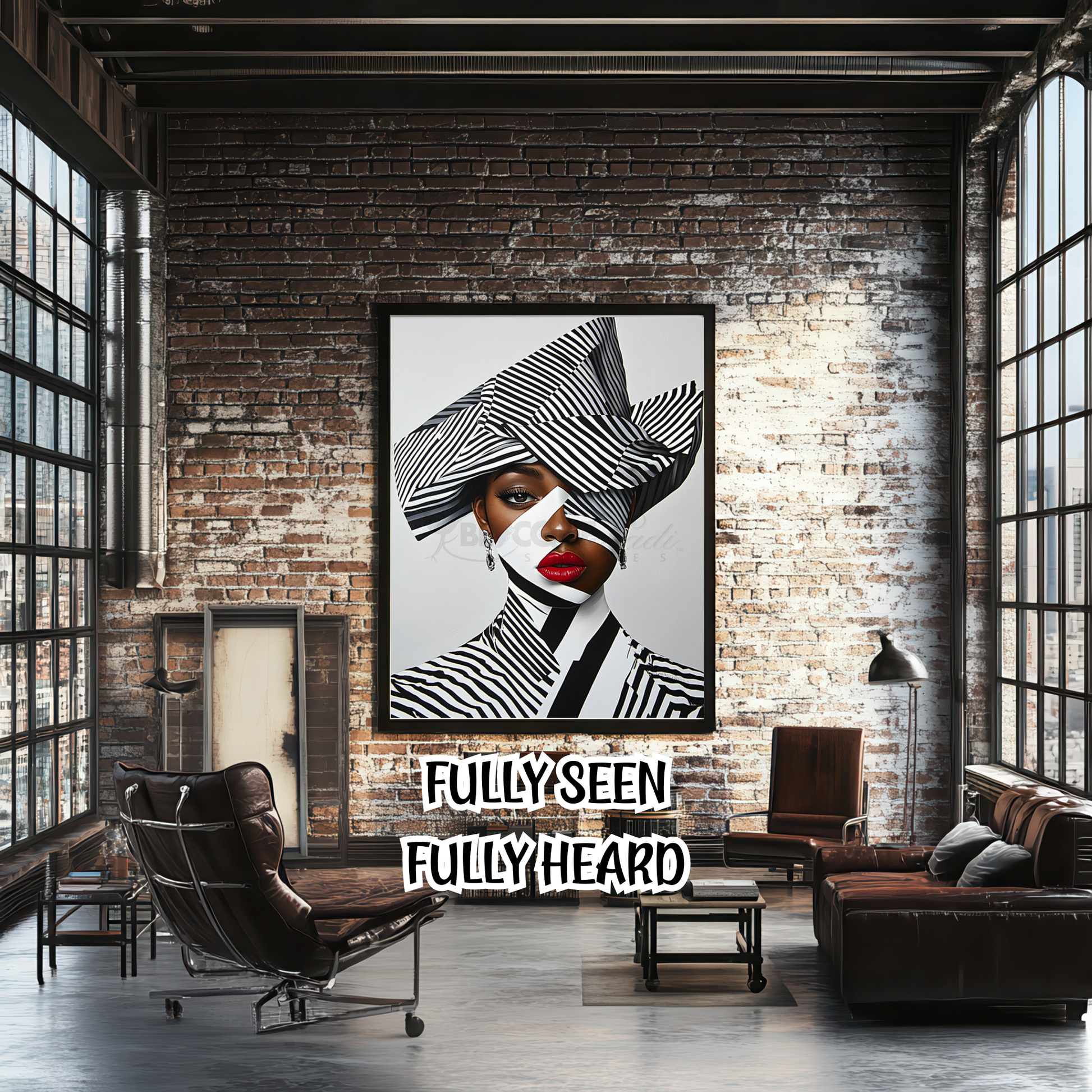 A striking digital portrait of a Black woman adorned in bold geometric patterns, exuding strength and self-acceptance. High-contrast black-and-white Afrocentric artwork symbolizing power, resilience, and unapologetic beauty. A statement piece for modern decor.