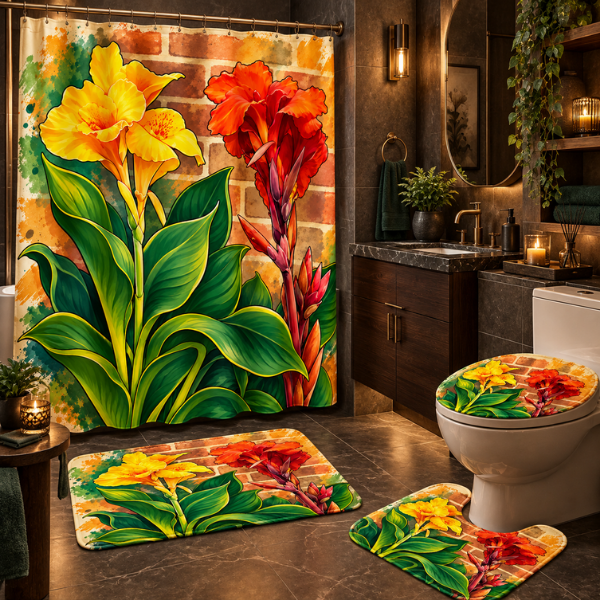 Lily Garden 4-Piece Bathroom Set | Floral Shower Curtain, Bath Rugs & Toilet Seat Cover